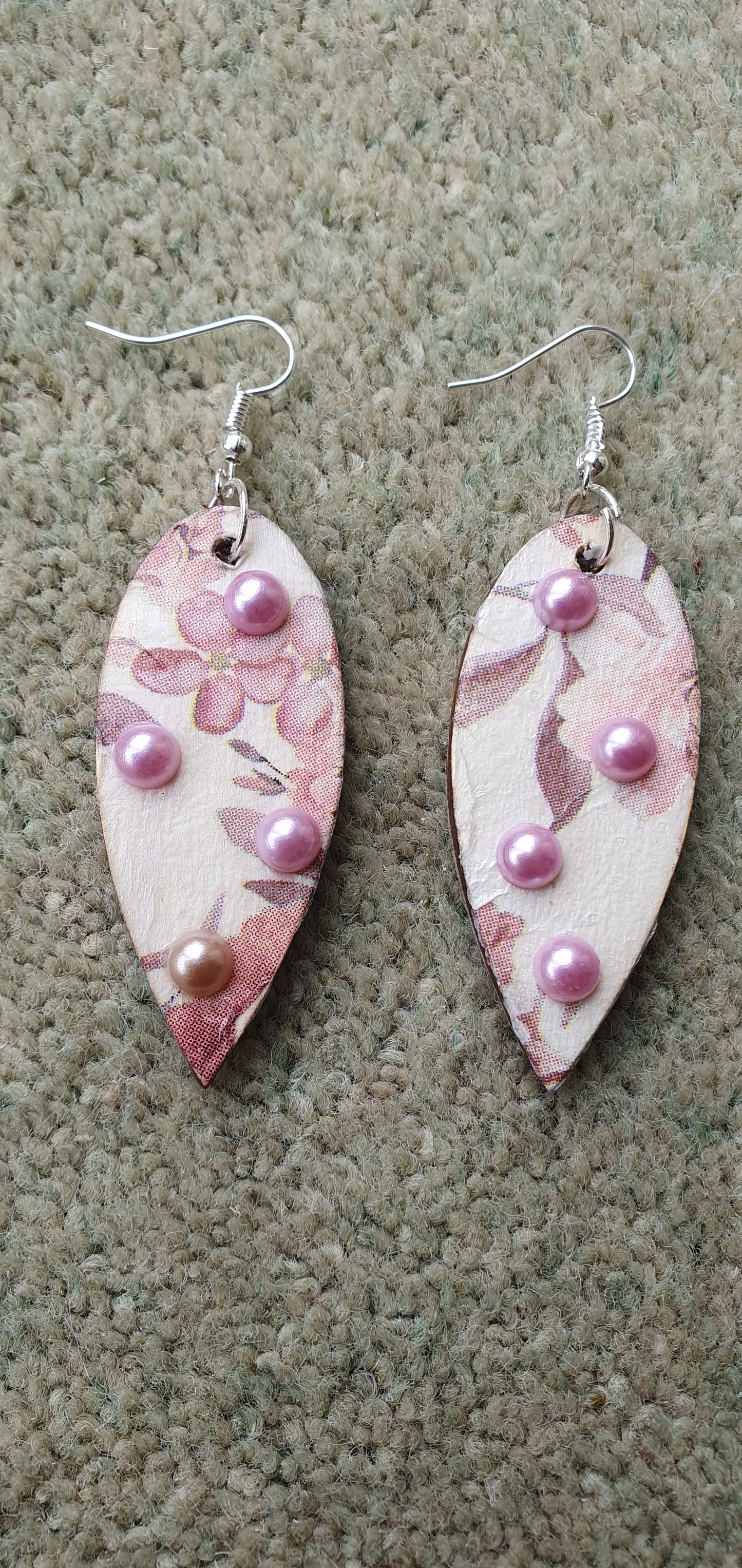 Decoupage White Pink Floral Wooden Leaf Shape Dangle Earrings