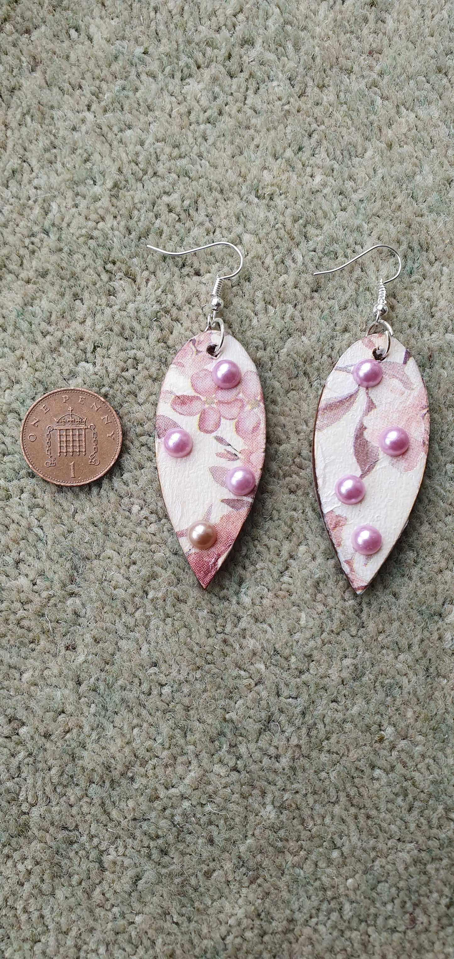 Decoupage White Pink Floral Wooden Leaf Shape Dangle Earrings