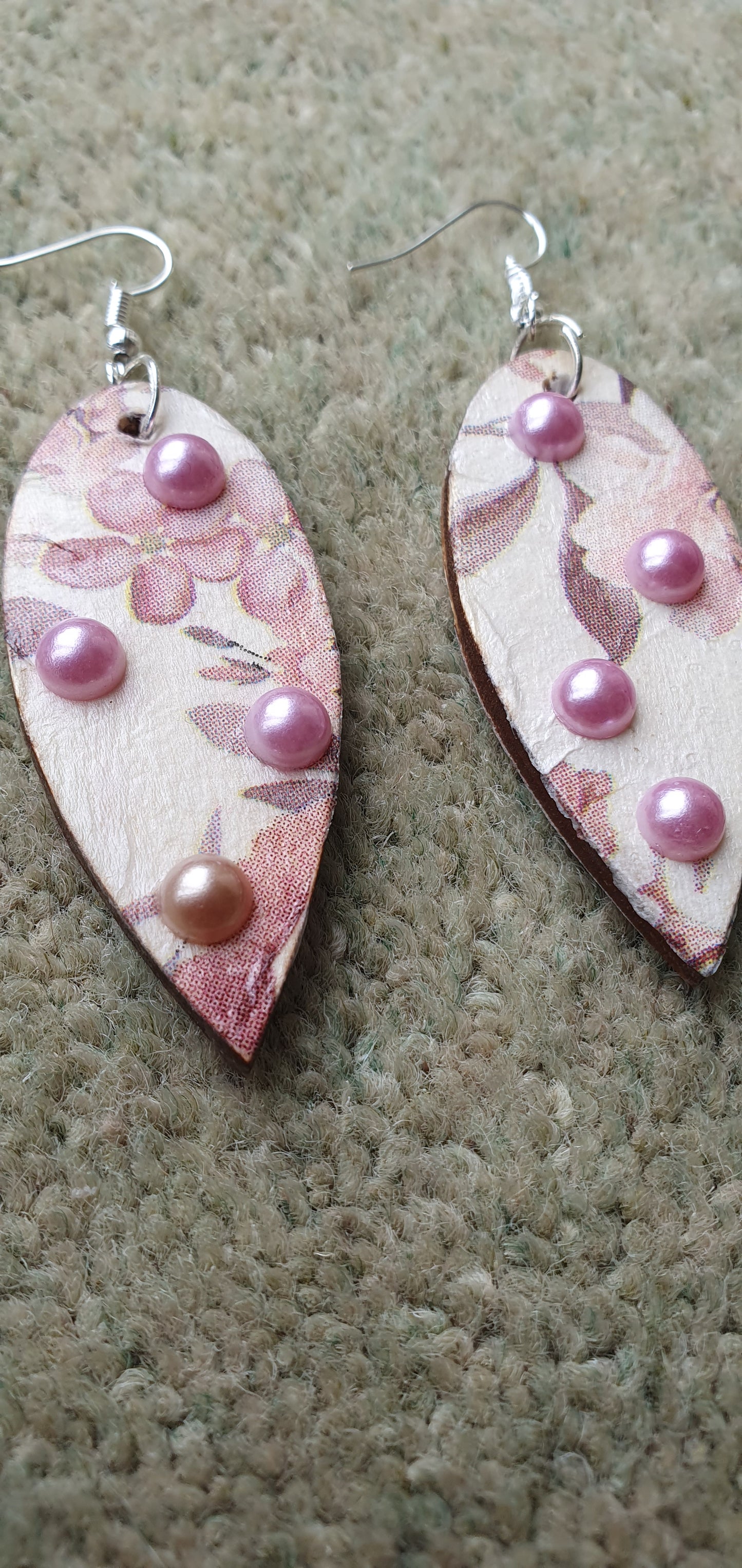 Decoupage White Pink Floral Wooden Leaf Shape Dangle Earrings
