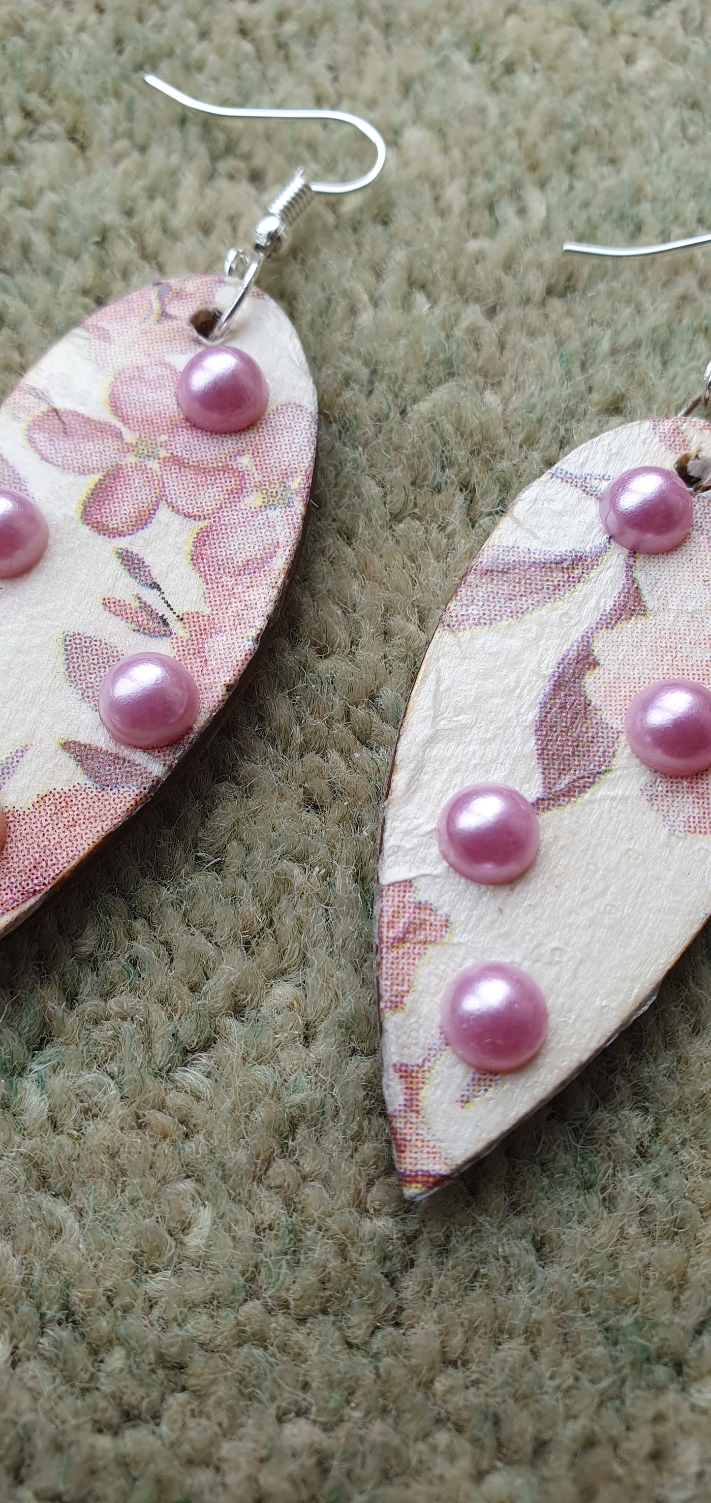 Decoupage White Pink Floral Wooden Leaf Shape Dangle Earrings