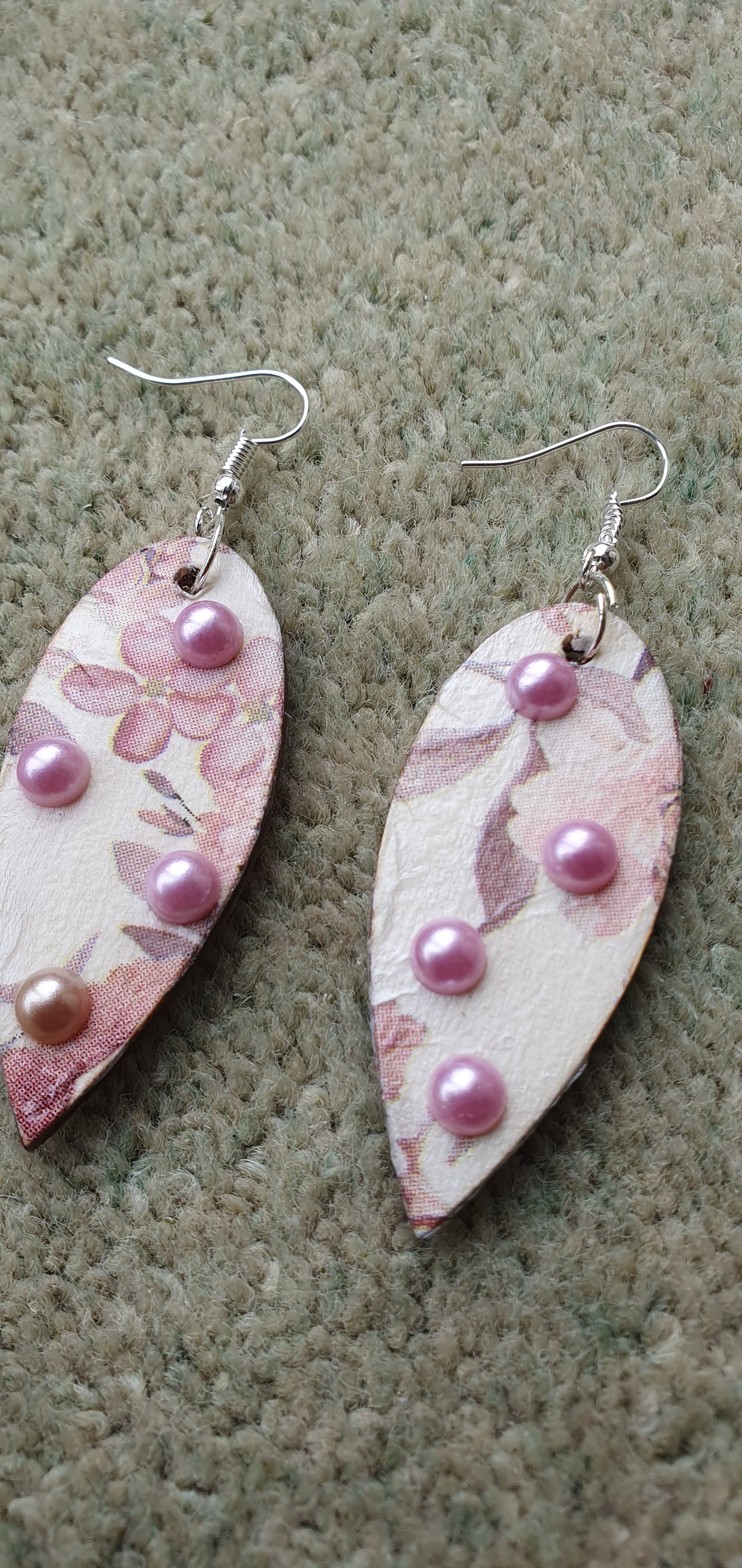 Decoupage White Pink Floral Wooden Leaf Shape Dangle Earrings