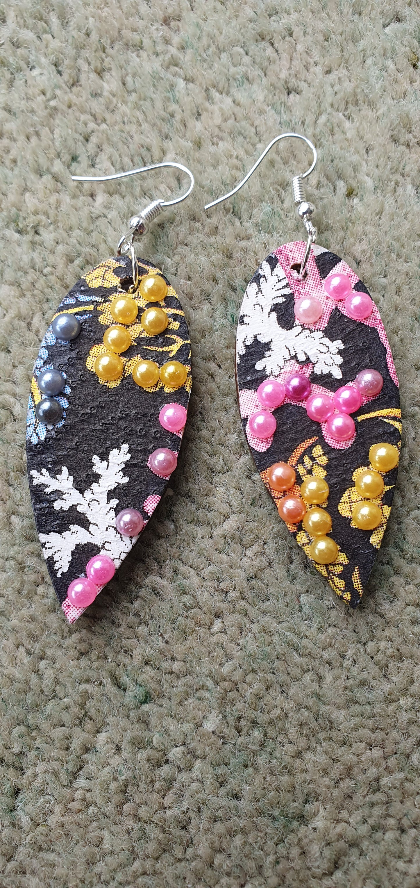 Decoupage Black White Pink Orange Marine Wooden Leaf Shape Dangle Earrings