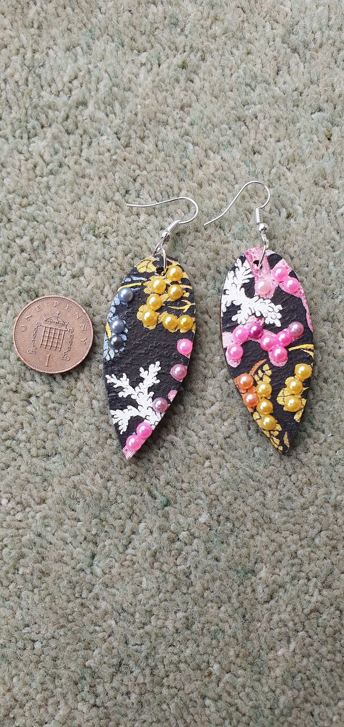 Decoupage Black White Pink Orange Marine Wooden Leaf Shape Dangle Earrings