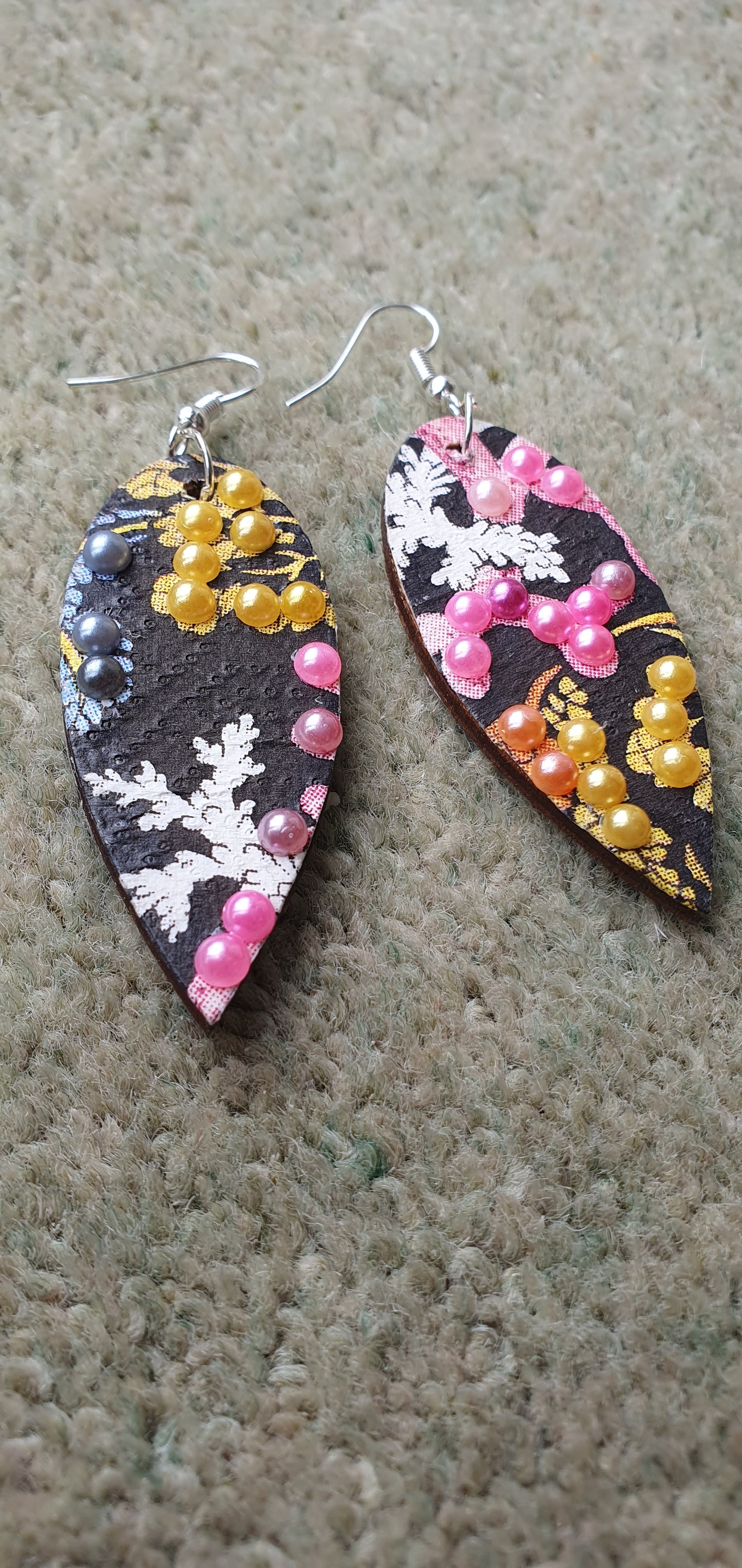 Decoupage Black White Pink Orange Marine Wooden Leaf Shape Dangle Earrings