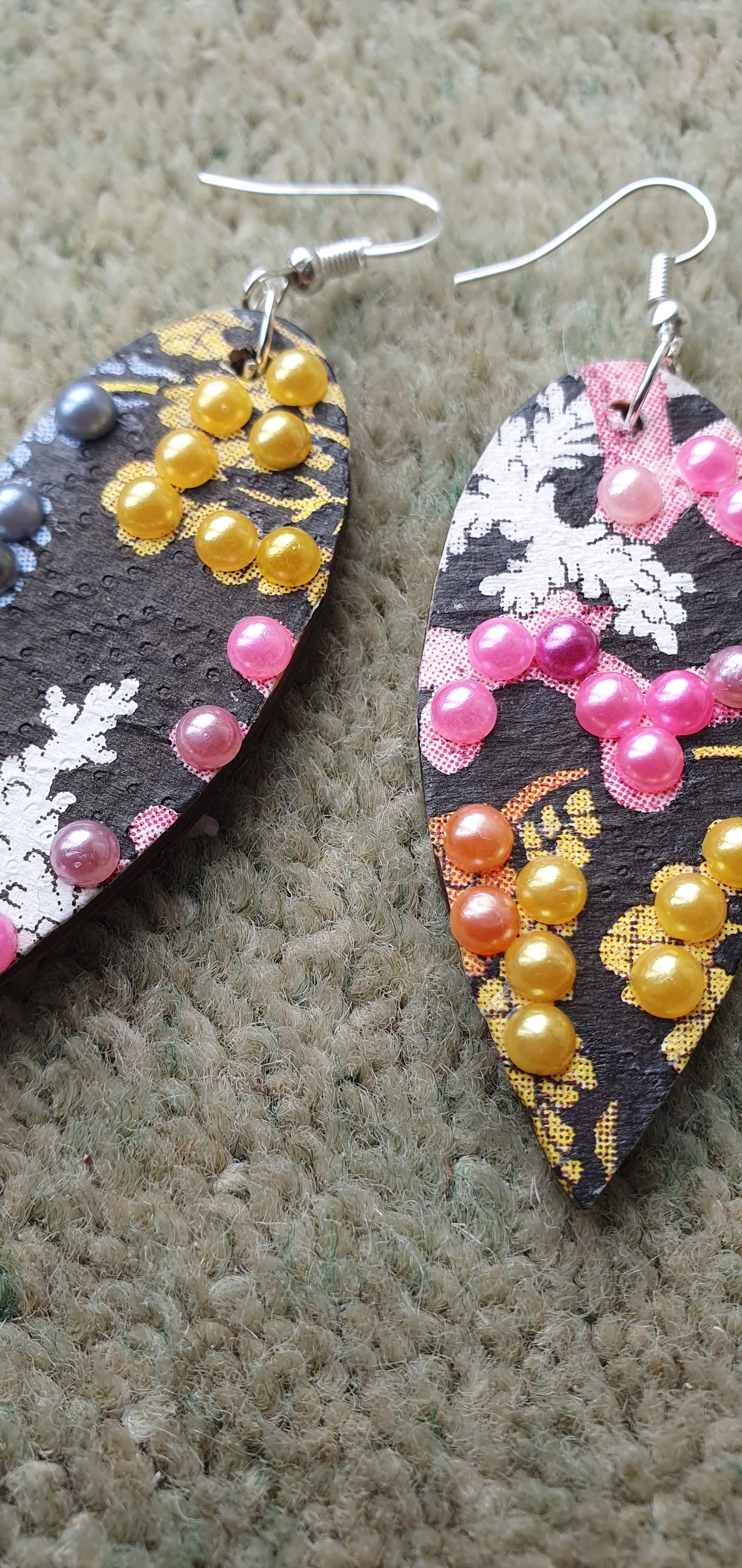 Decoupage Black White Pink Orange Marine Wooden Leaf Shape Dangle Earrings