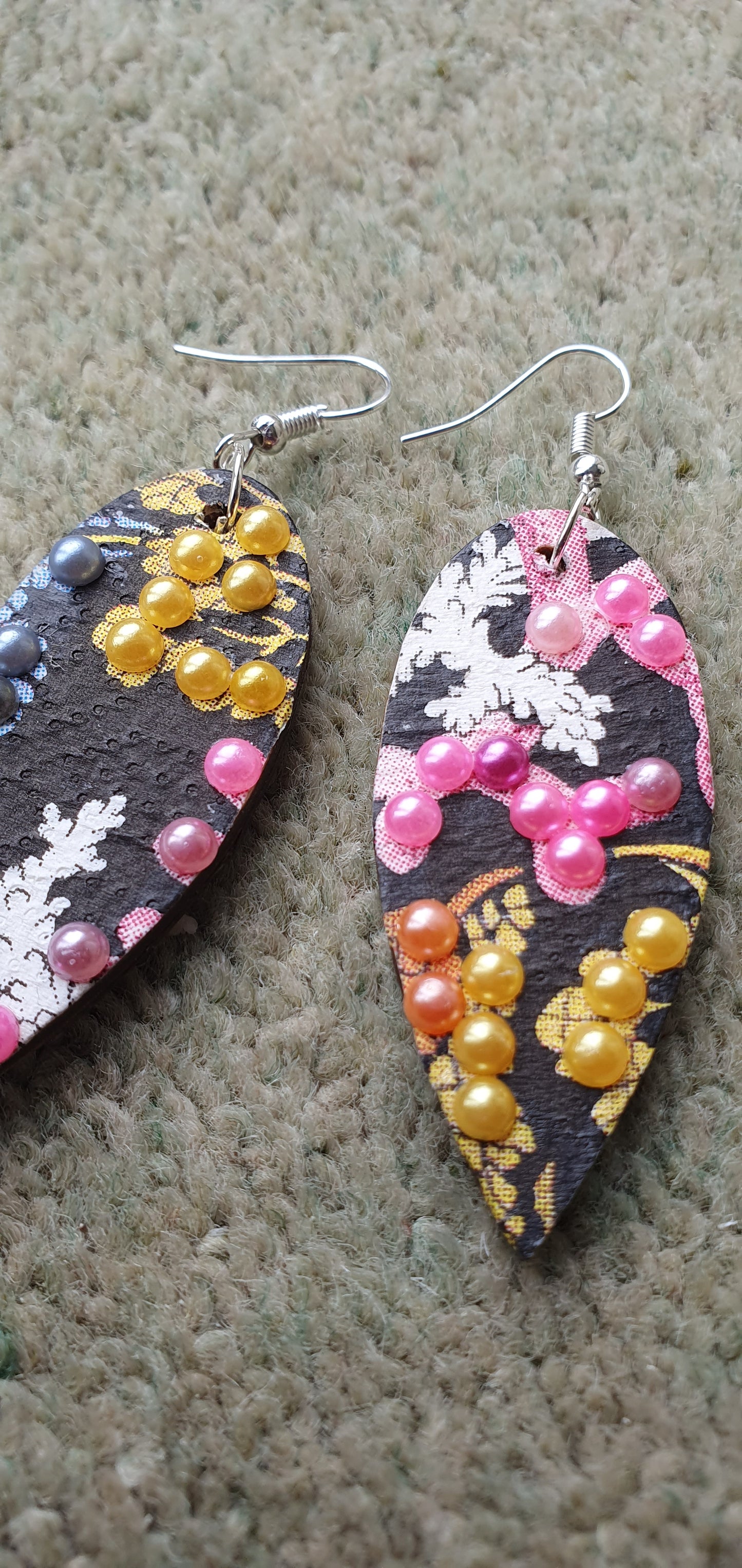 Decoupage Black White Pink Orange Marine Wooden Leaf Shape Dangle Earrings