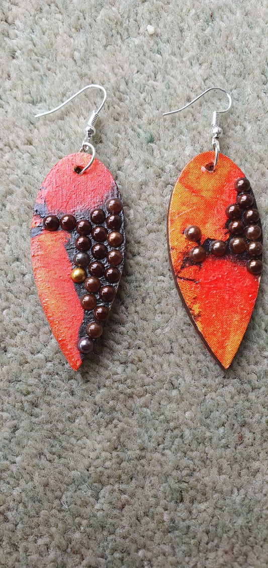 Decoupage Black Orange Brown Wooden Leaf Shape Dangle Earrings