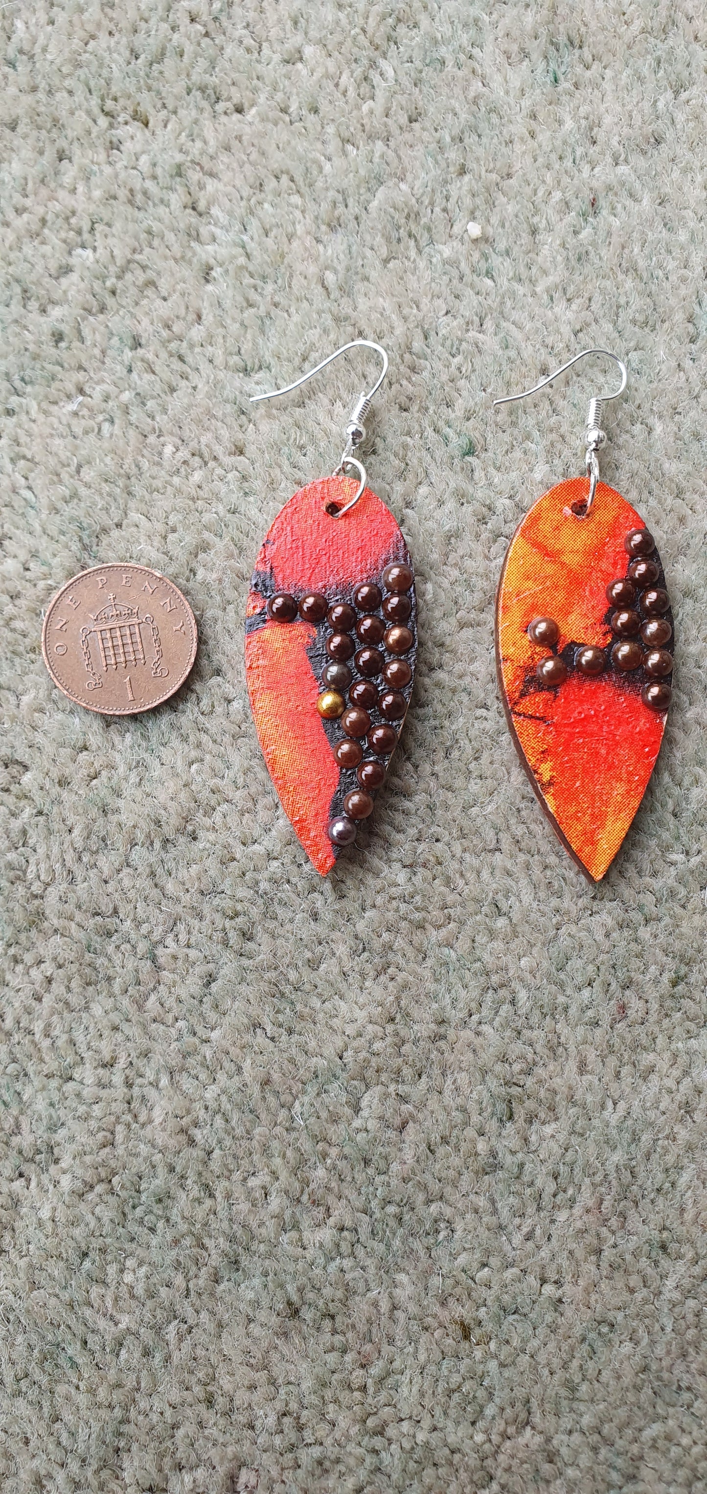 Decoupage Black Orange Brown Wooden Leaf Shape Dangle Earrings