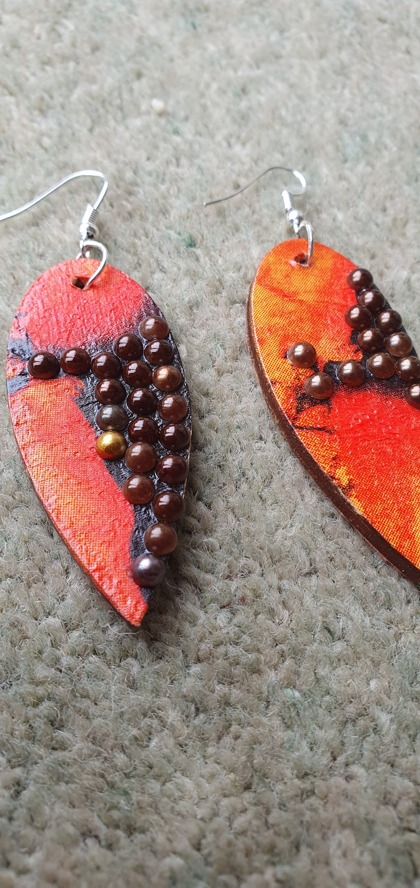 Decoupage Black Orange Brown Wooden Leaf Shape Dangle Earrings
