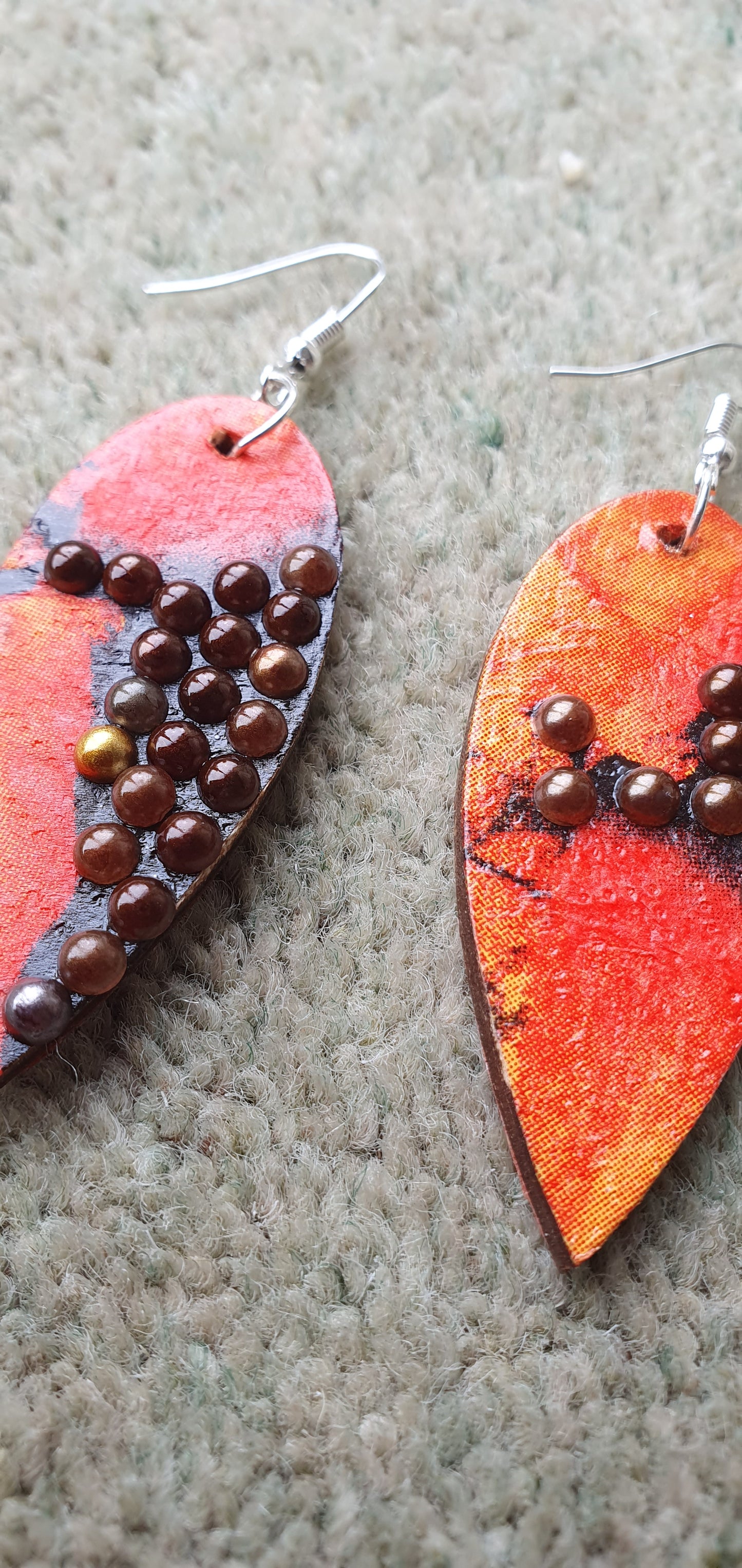 Decoupage Black Orange Brown Wooden Leaf Shape Dangle Earrings