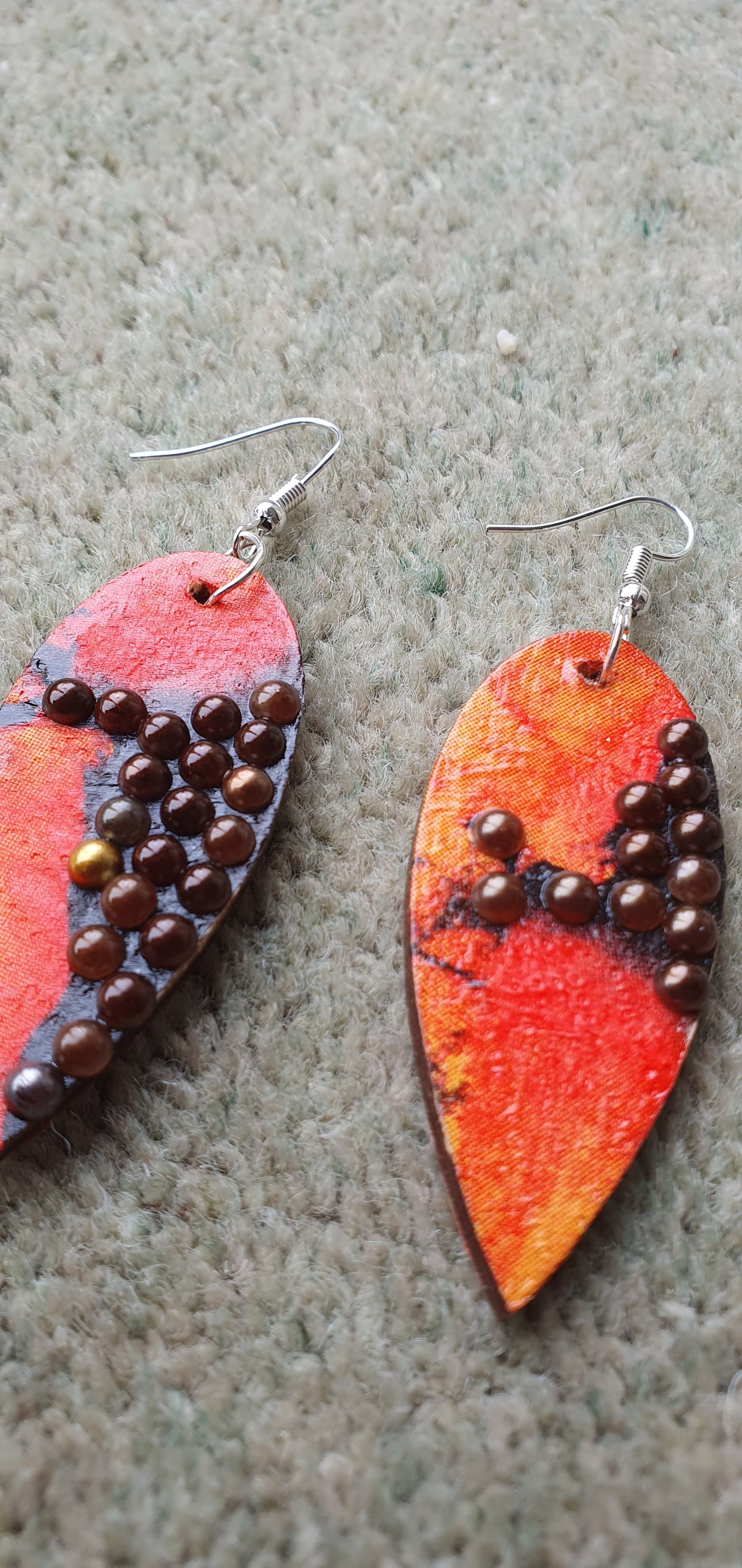 Decoupage Black Orange Brown Wooden Leaf Shape Dangle Earrings
