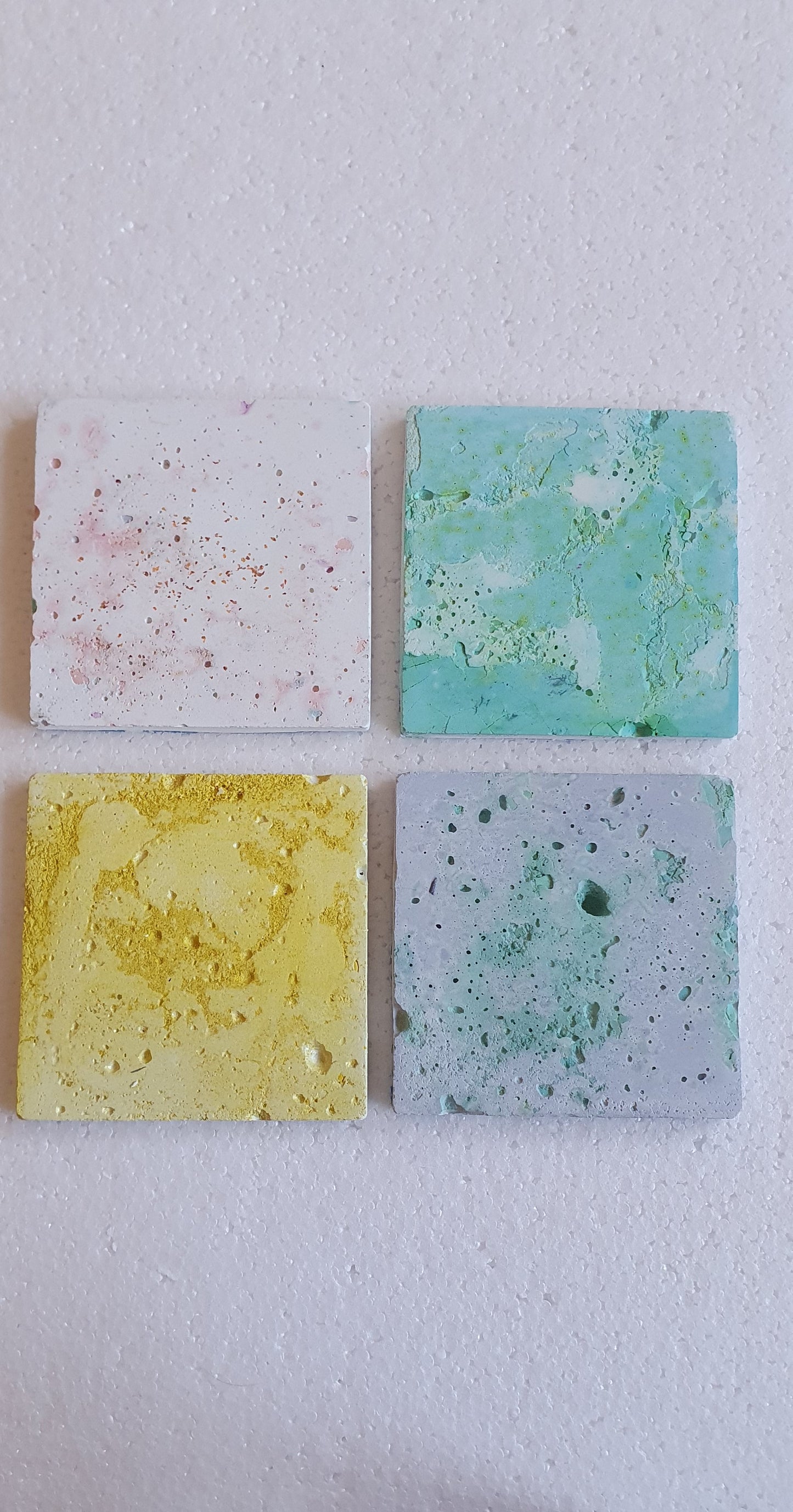 Set Of Four Coasters White Cement Base Pink, Yellow, Green, Blue Home Decor Gift