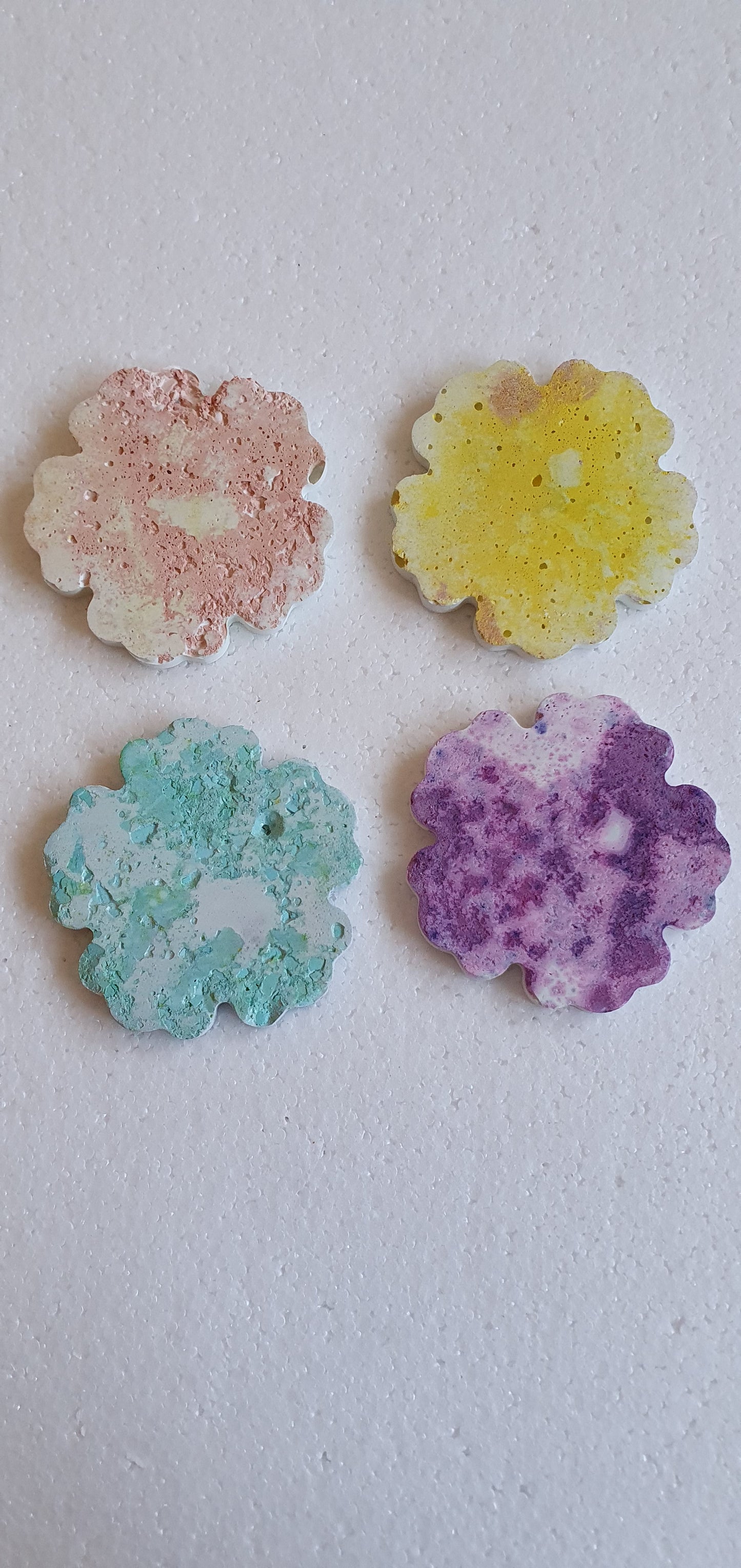 Set Of Four Flower Coasters White Cement Base Green, Purple, Terracotta, Yellow Home Decor Gift