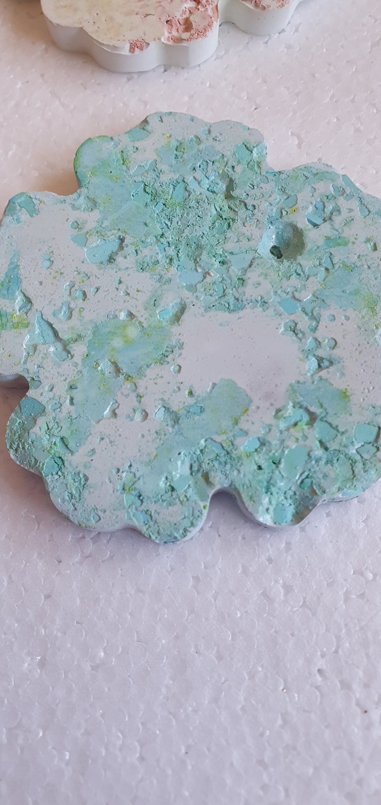 Set Of Four Flower Coasters White Cement Base Green, Purple, Terracotta, Yellow Home Decor Gift