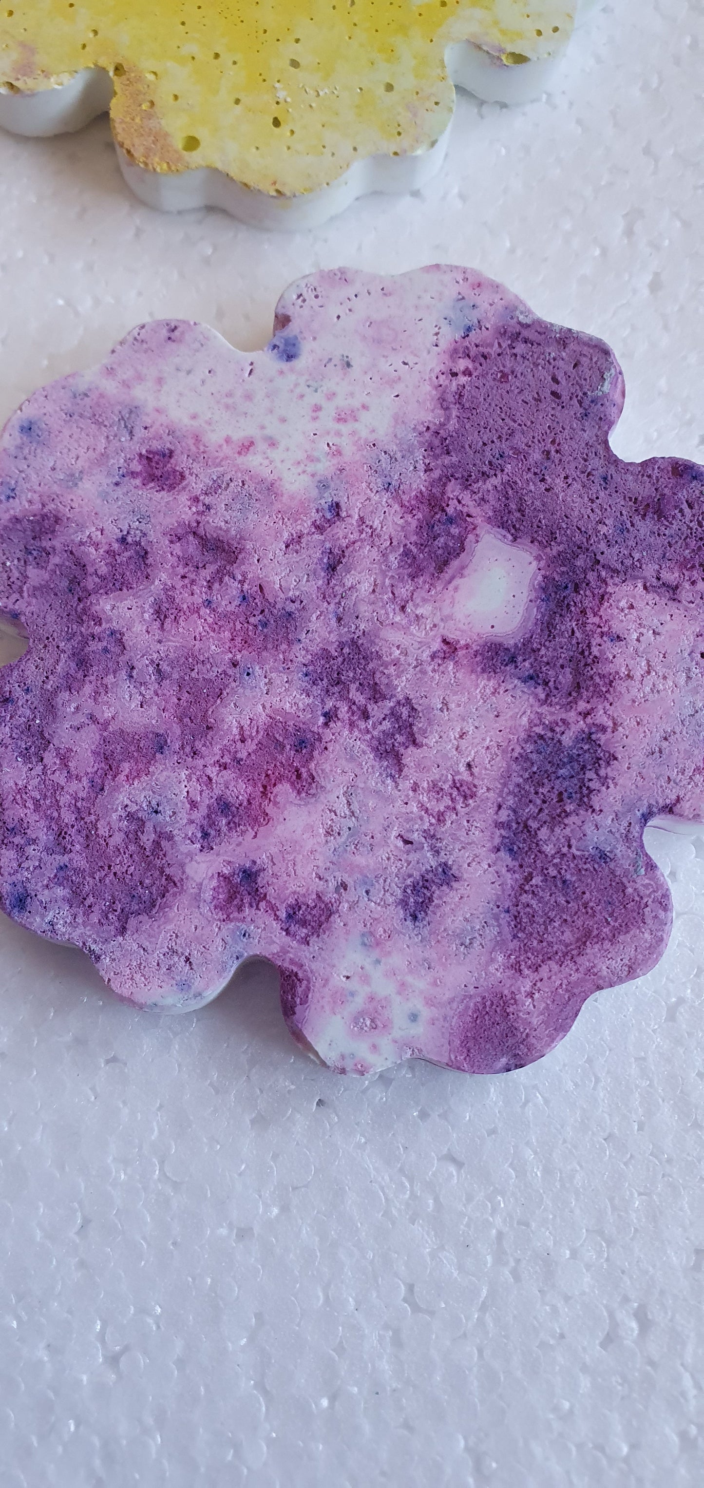 Set Of Four Flower Coasters White Cement Base Green, Purple, Terracotta, Yellow Home Decor Gift