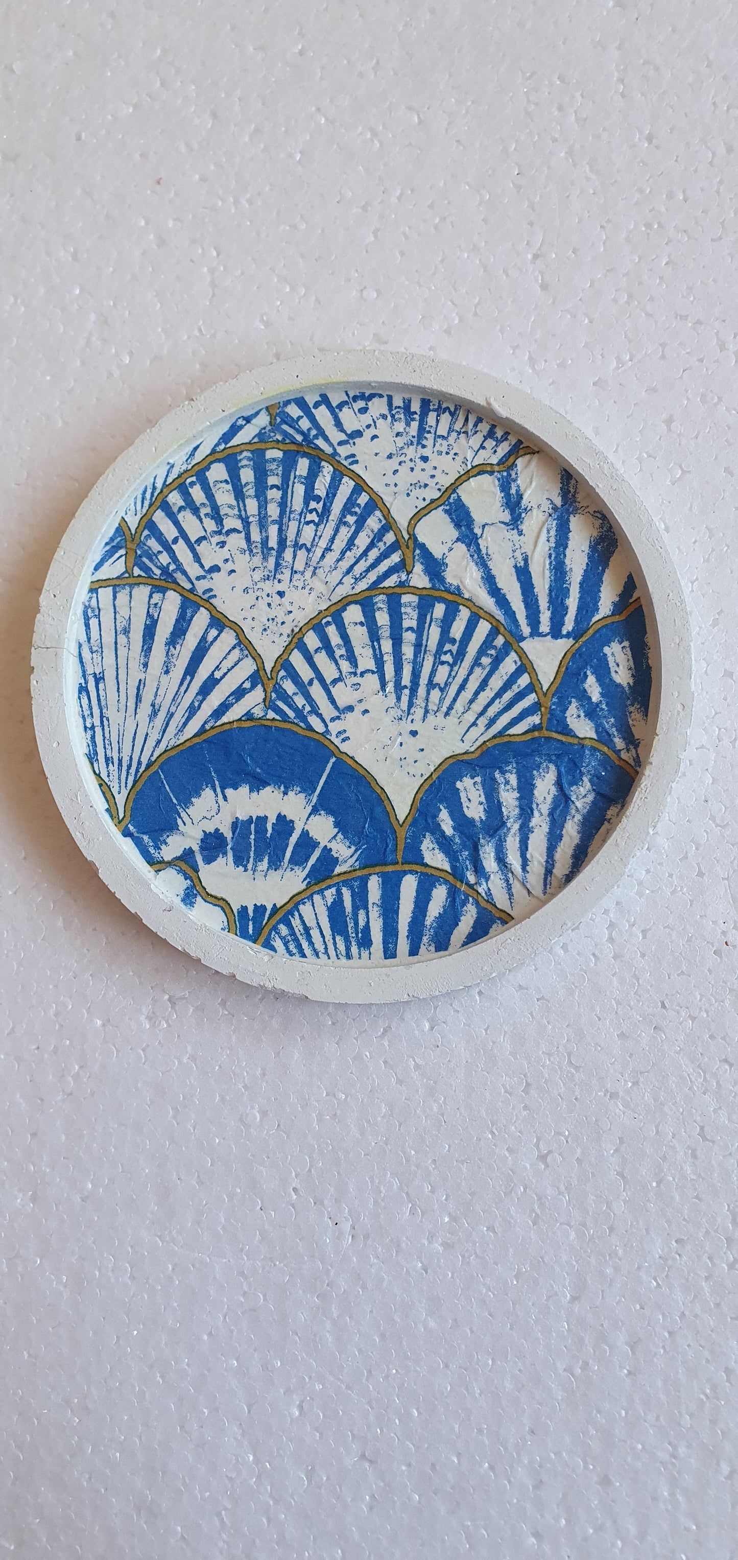 Single Round Decoupage Coaster White Cement Base Blue Gold Seashells Home Decor Gift