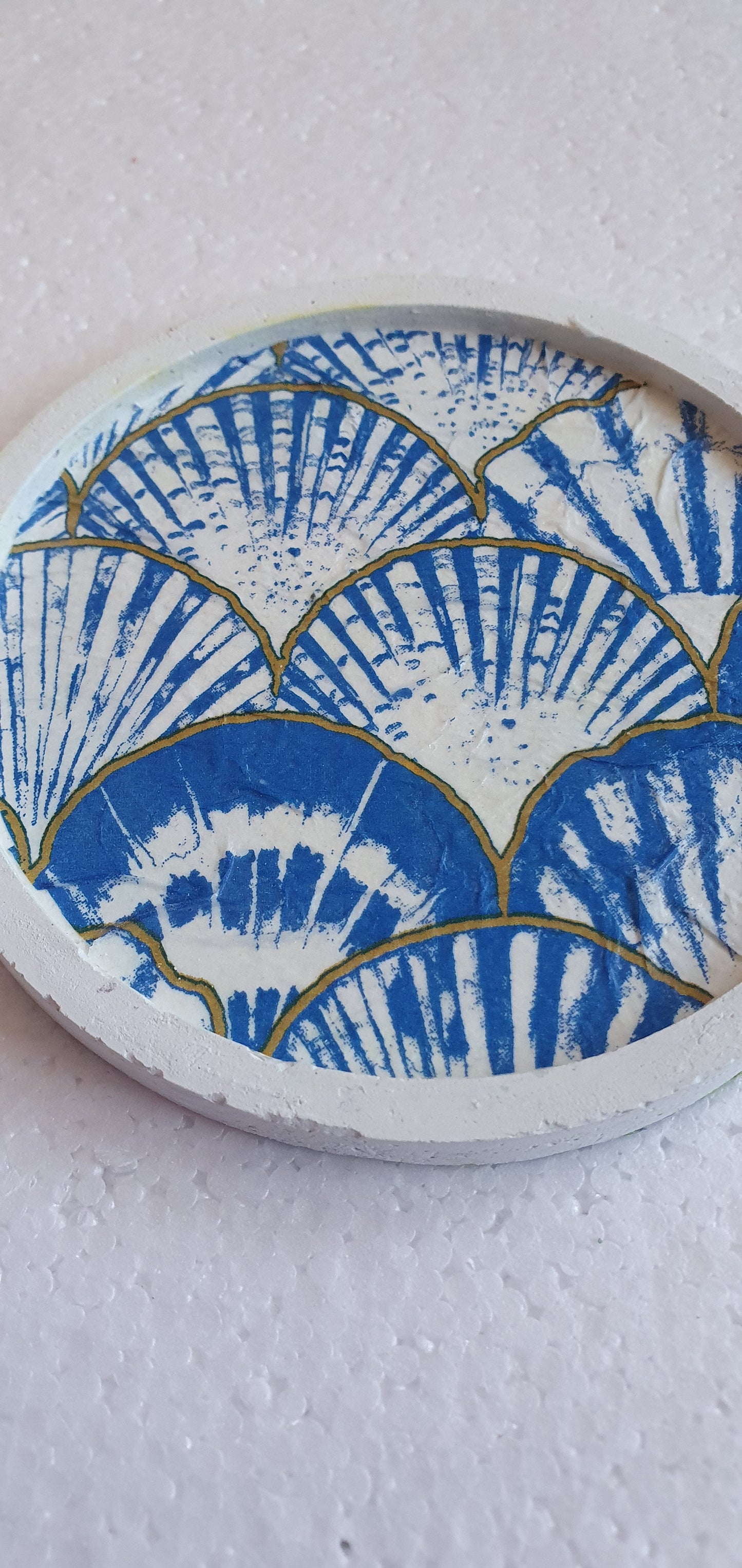 Single Round Decoupage Coaster White Cement Base Blue Gold Seashells Home Decor Gift