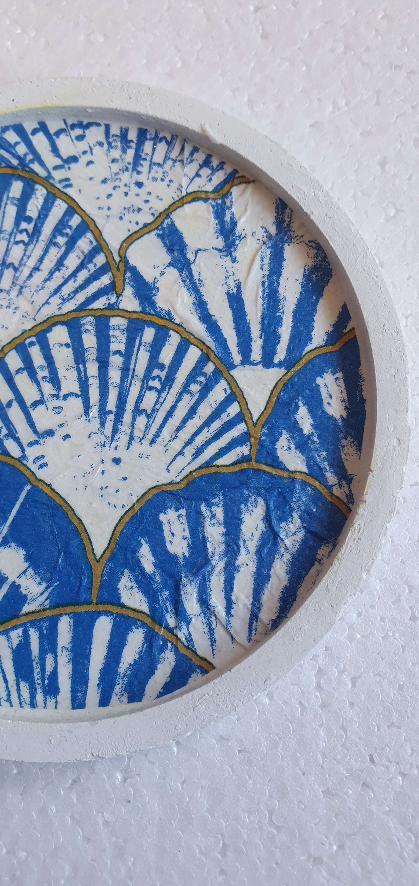 Single Round Decoupage Coaster White Cement Base Blue Gold Seashells Home Decor Gift