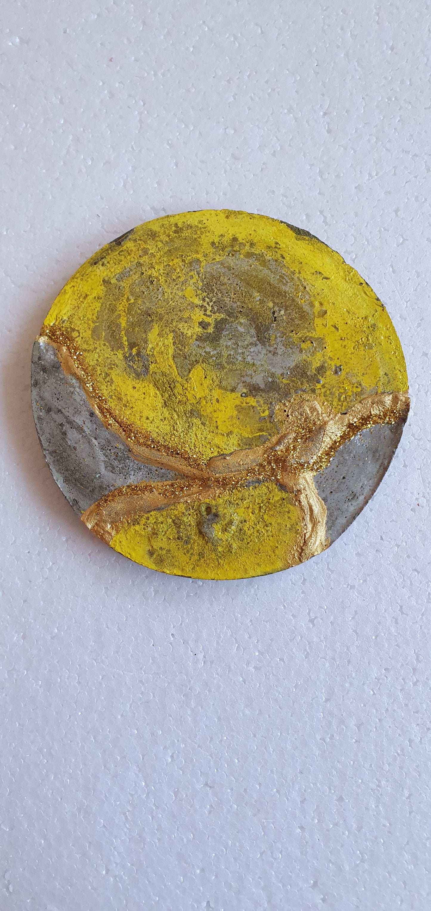Single Round Decoupage Coaster Cement Base Grey Yellow Home Decor Gift
