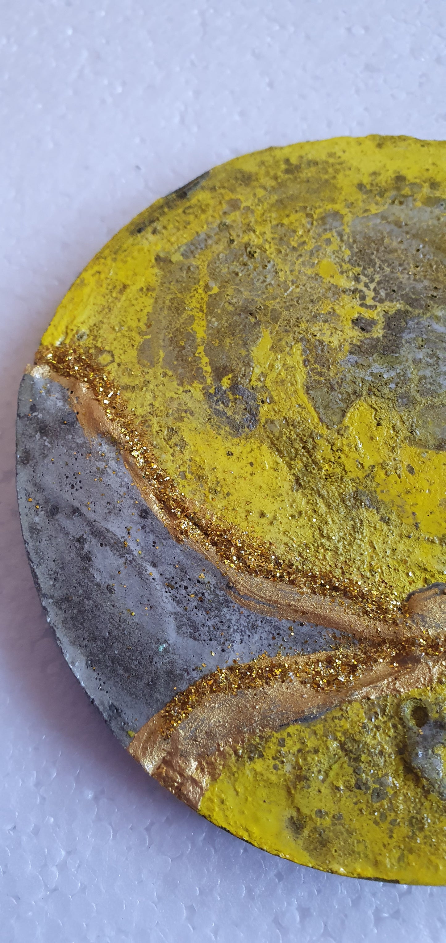 Single Round Decoupage Coaster Cement Base Grey Yellow Home Decor Gift