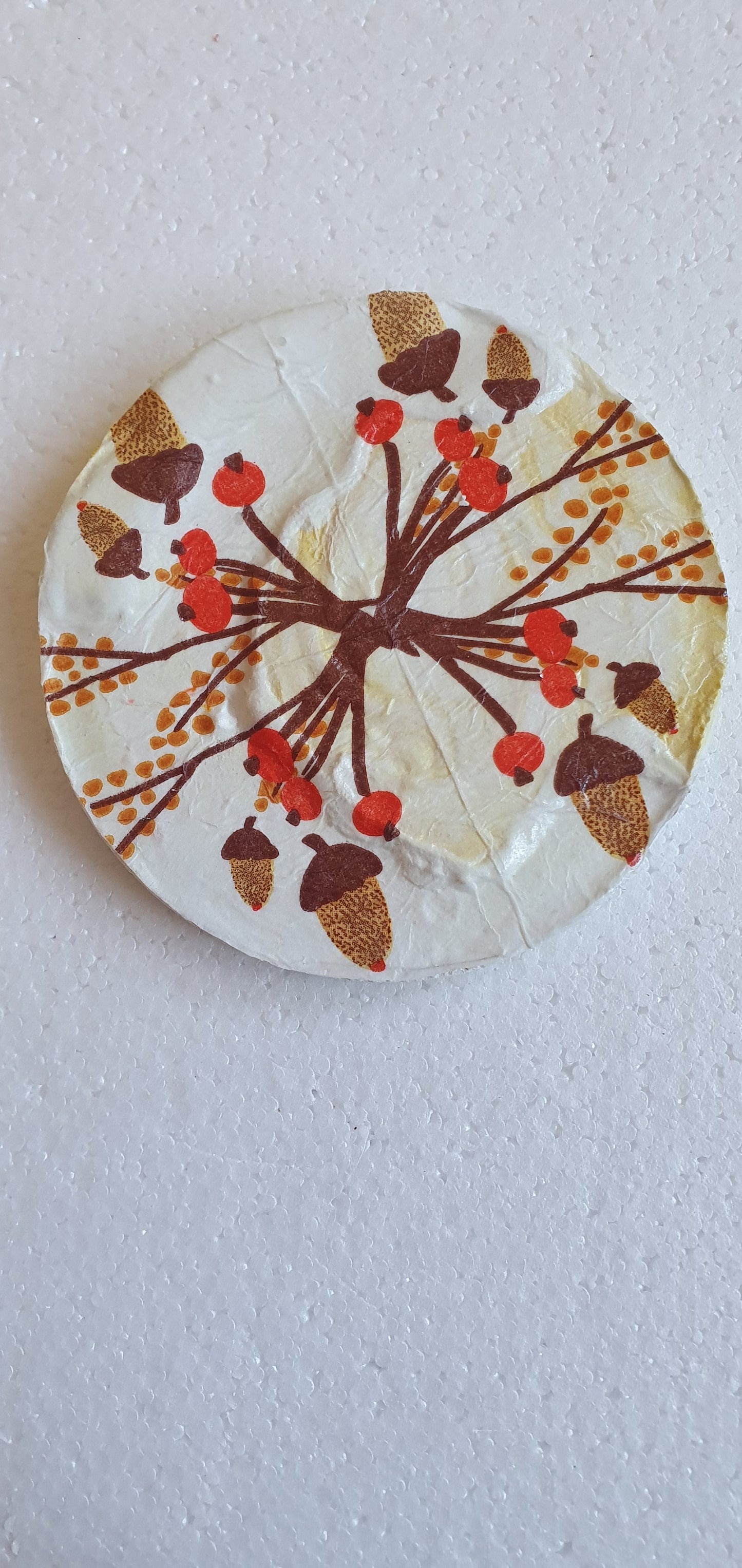 Single Round Decoupage Coaster Cement Base White Yellow Home Decor Gift