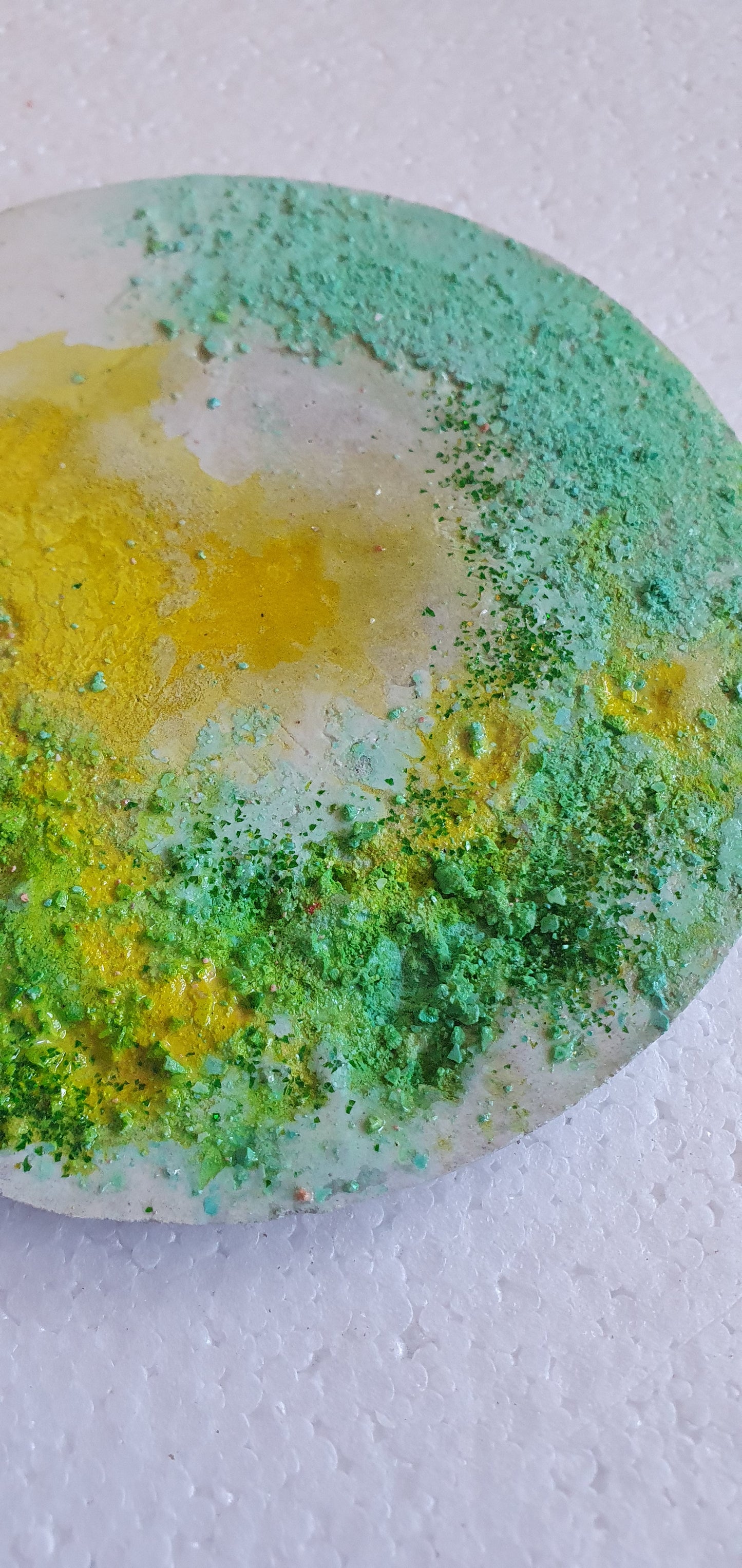 Large Single Round Decoupage Coaster Cement Base Grey Yellow Green Home Decor Gift