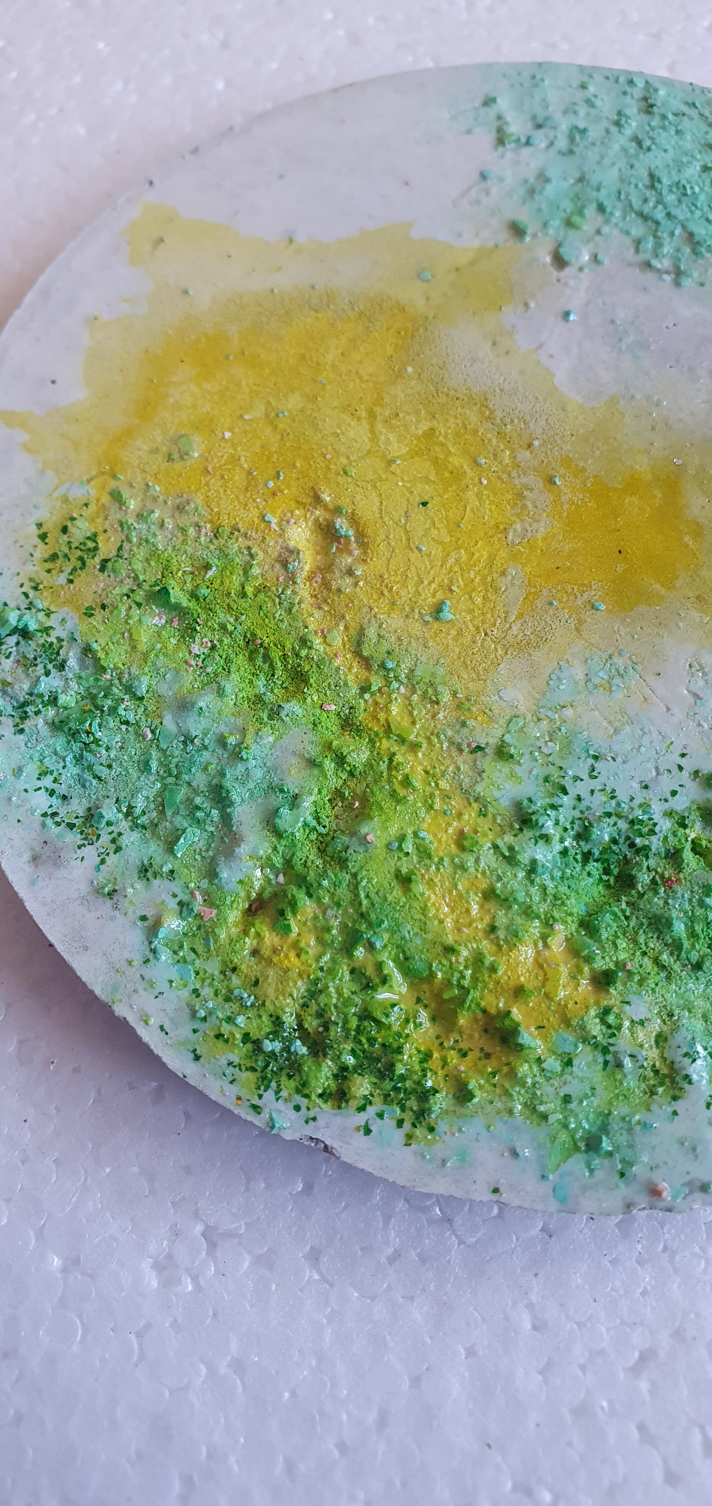 Large Single Round Decoupage Coaster Cement Base Grey Yellow Green Home Decor Gift