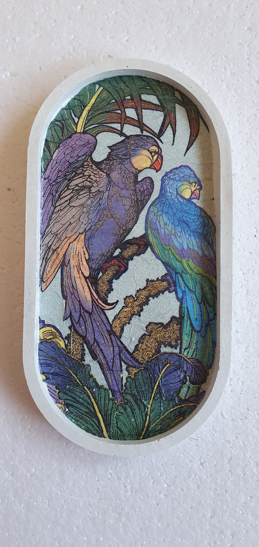 Decoupage Trinket Tray White Cement Base Purple Green Parrots Home Decor Gift