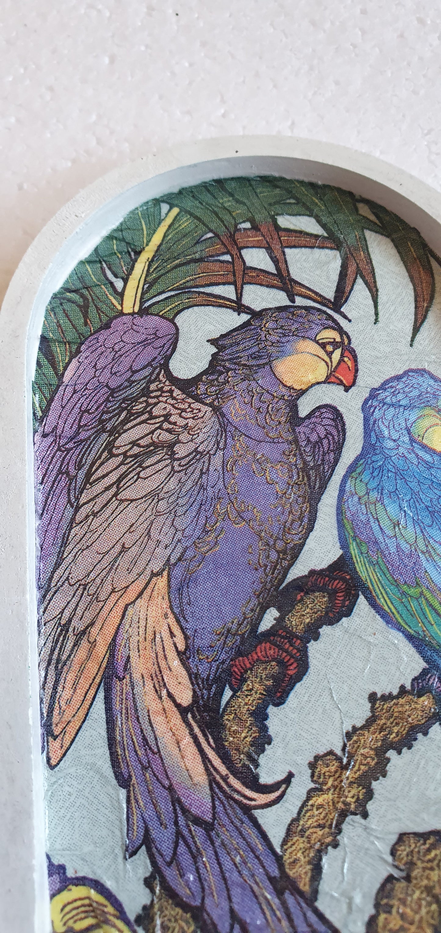 Decoupage Trinket Tray White Cement Base Purple Green Parrots Home Decor Gift