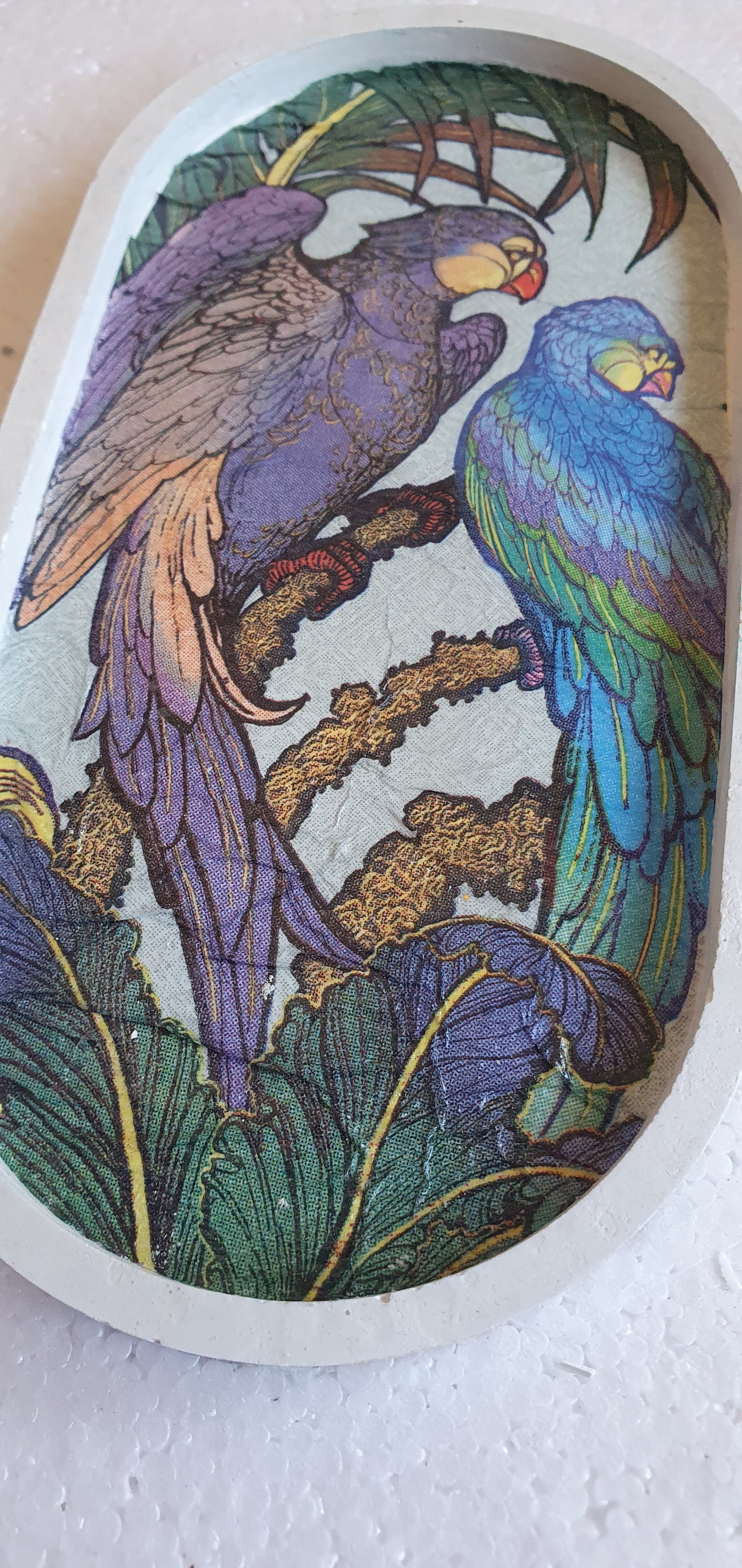 Decoupage Trinket Tray White Cement Base Purple Green Parrots Home Decor Gift
