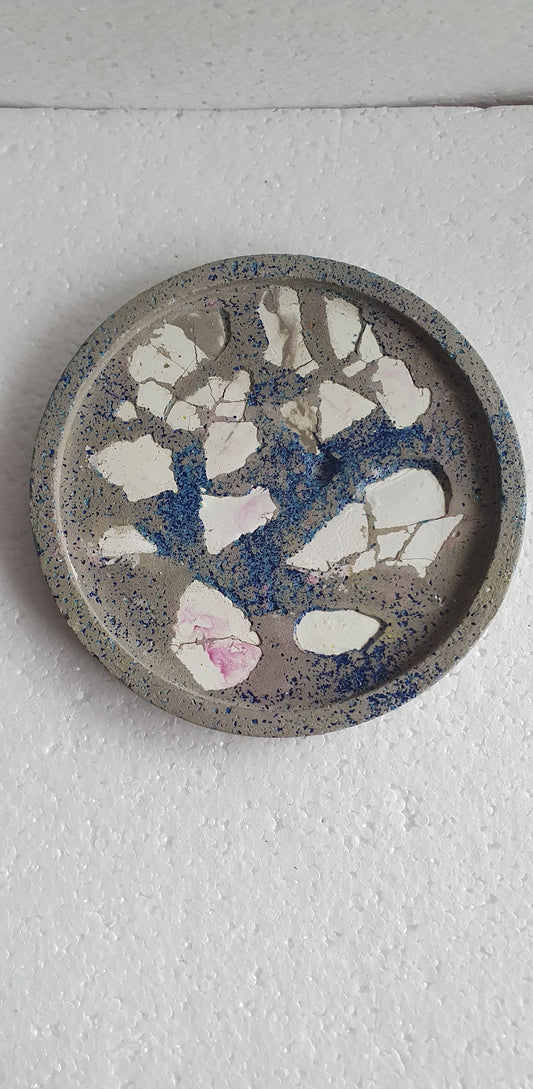 Single Round Decoupage Coaster Trinket Tray Cement Base Grey Blue White Home Decor Gift