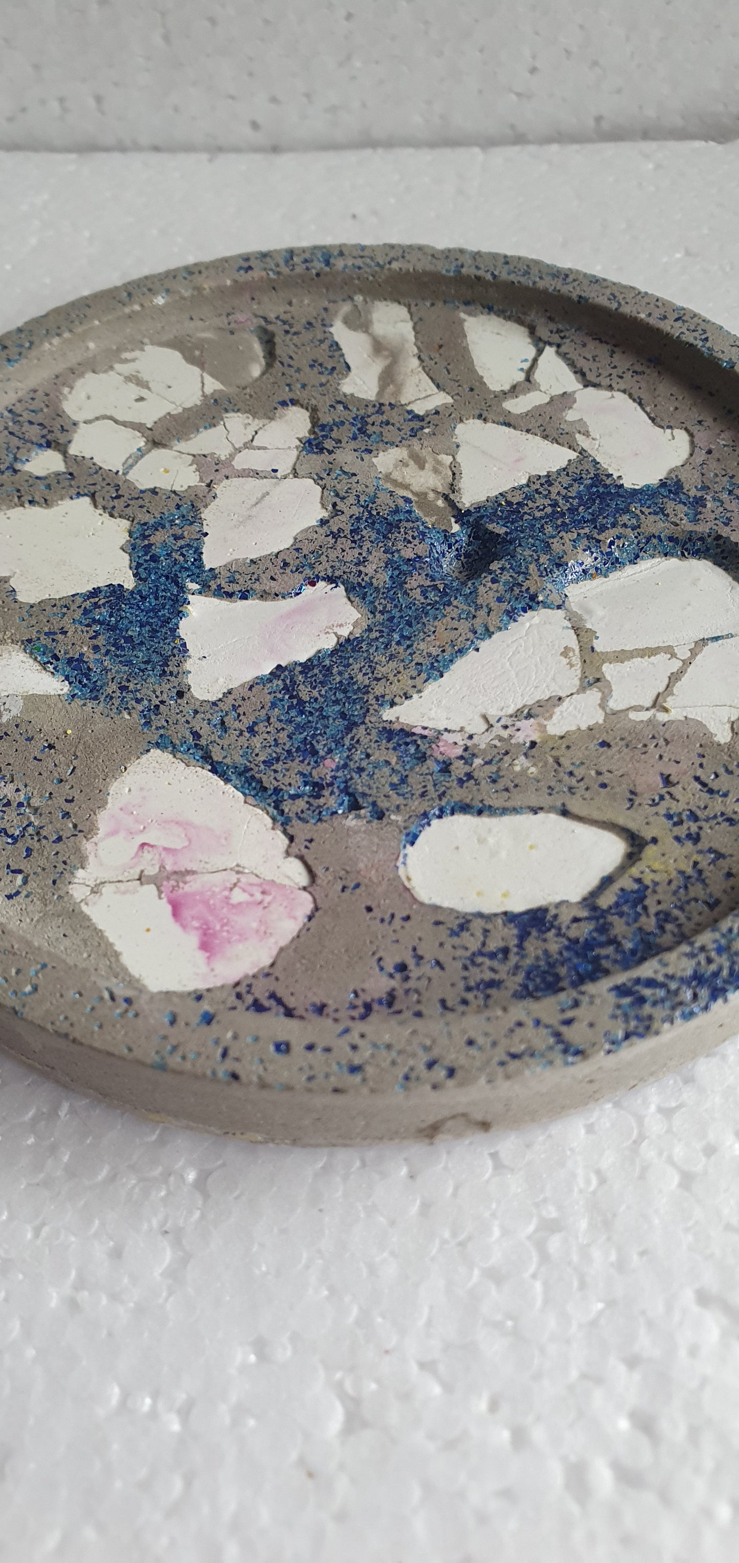 Single Round Decoupage Coaster Trinket Tray Cement Base Grey Blue White Home Decor Gift