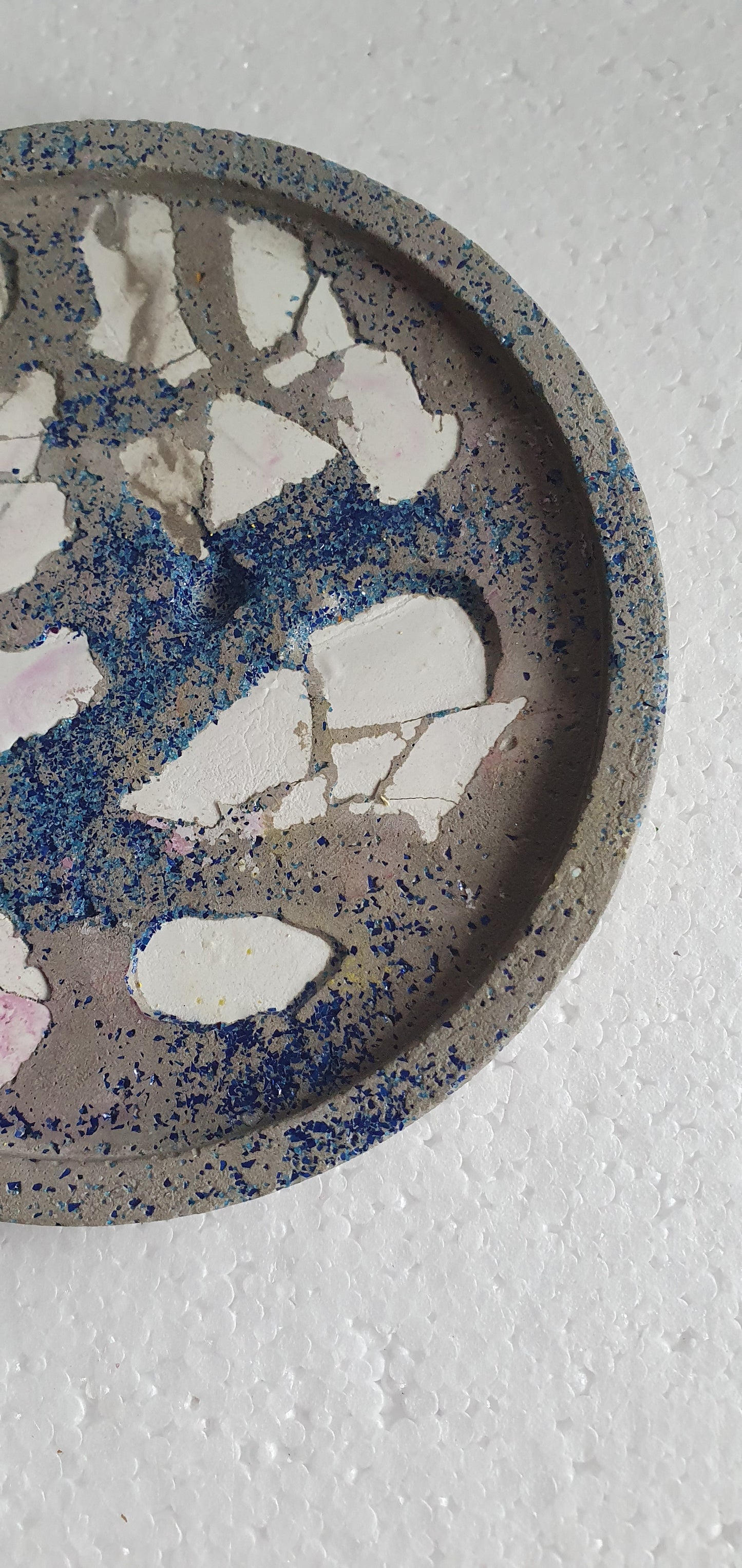Single Round Decoupage Coaster Trinket Tray Cement Base Grey Blue White Home Decor Gift