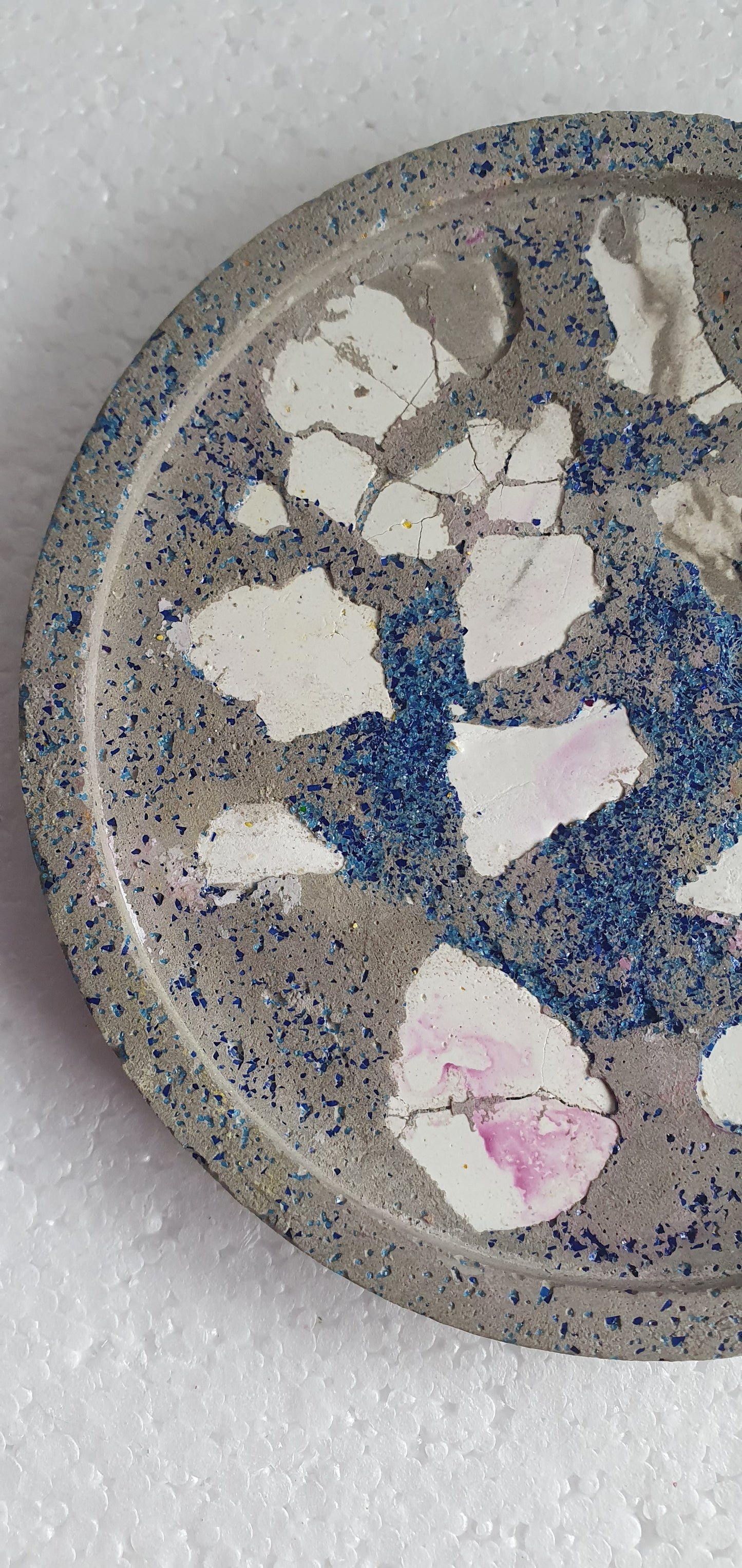 Single Round Decoupage Coaster Trinket Tray Cement Base Grey Blue White Home Decor Gift