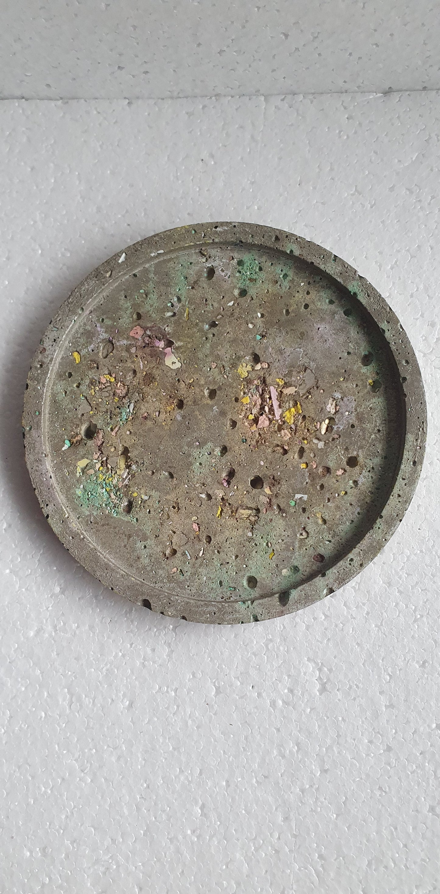 Single Round Decoupage Coaster Trinket Tray Cement Base Grey Green Gold Yellow Home Decor Gift