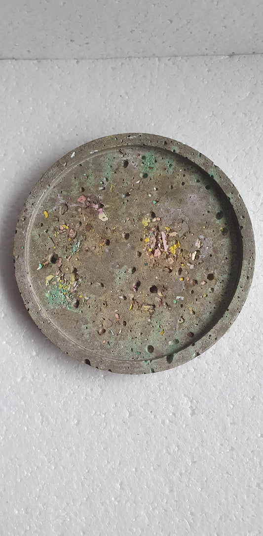 Single Round Decoupage Coaster Trinket Tray Cement Base Grey Green Gold Yellow Home Decor Gift