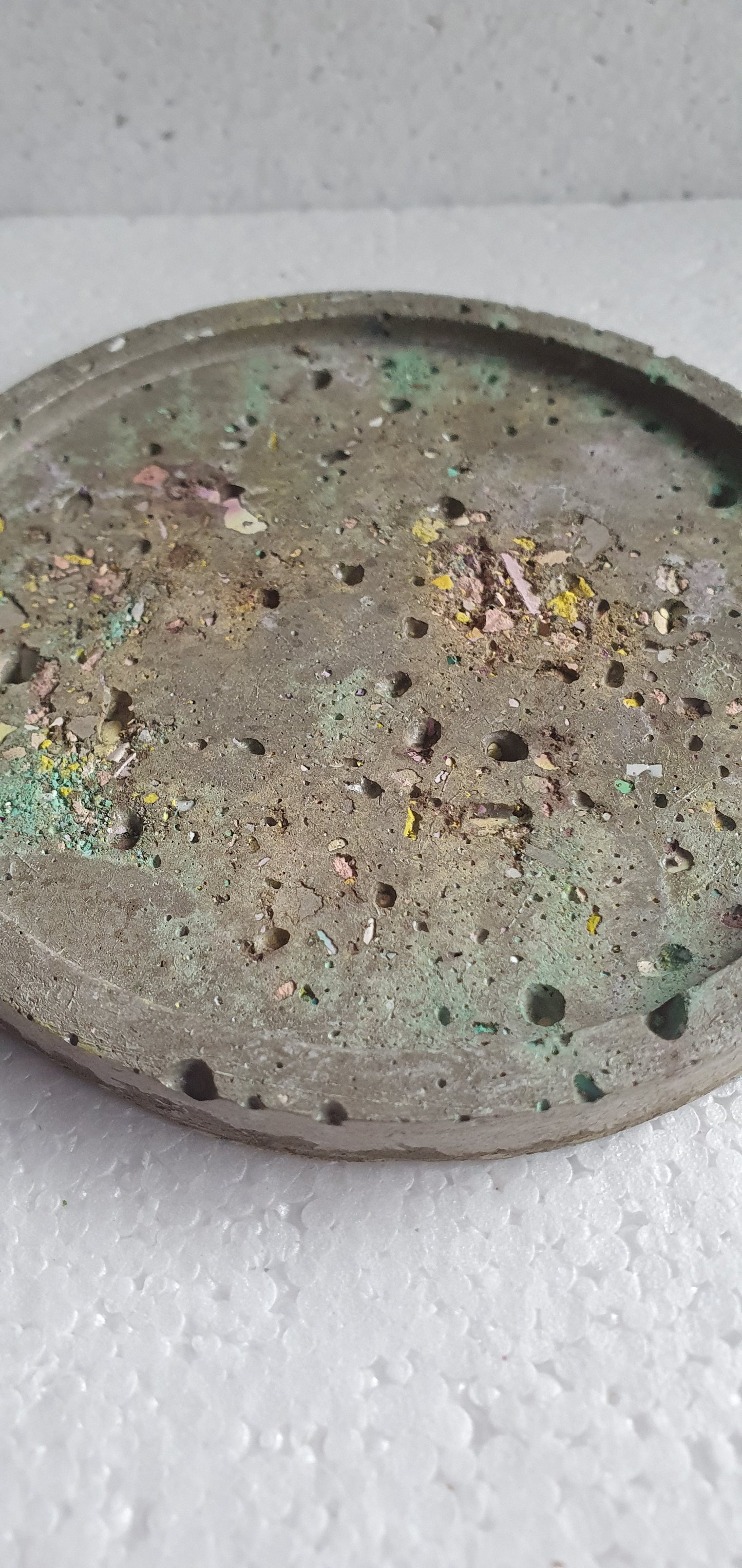 Single Round Decoupage Coaster Trinket Tray Cement Base Grey Green Gold Yellow Home Decor Gift