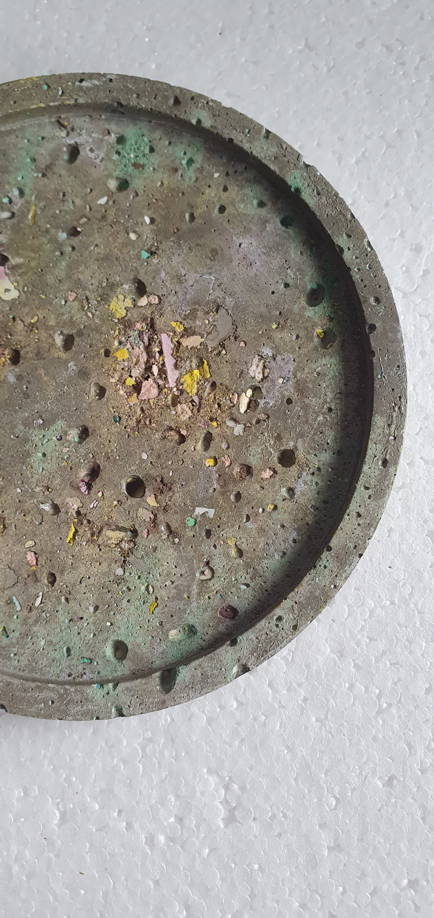 Single Round Decoupage Coaster Trinket Tray Cement Base Grey Green Gold Yellow Home Decor Gift