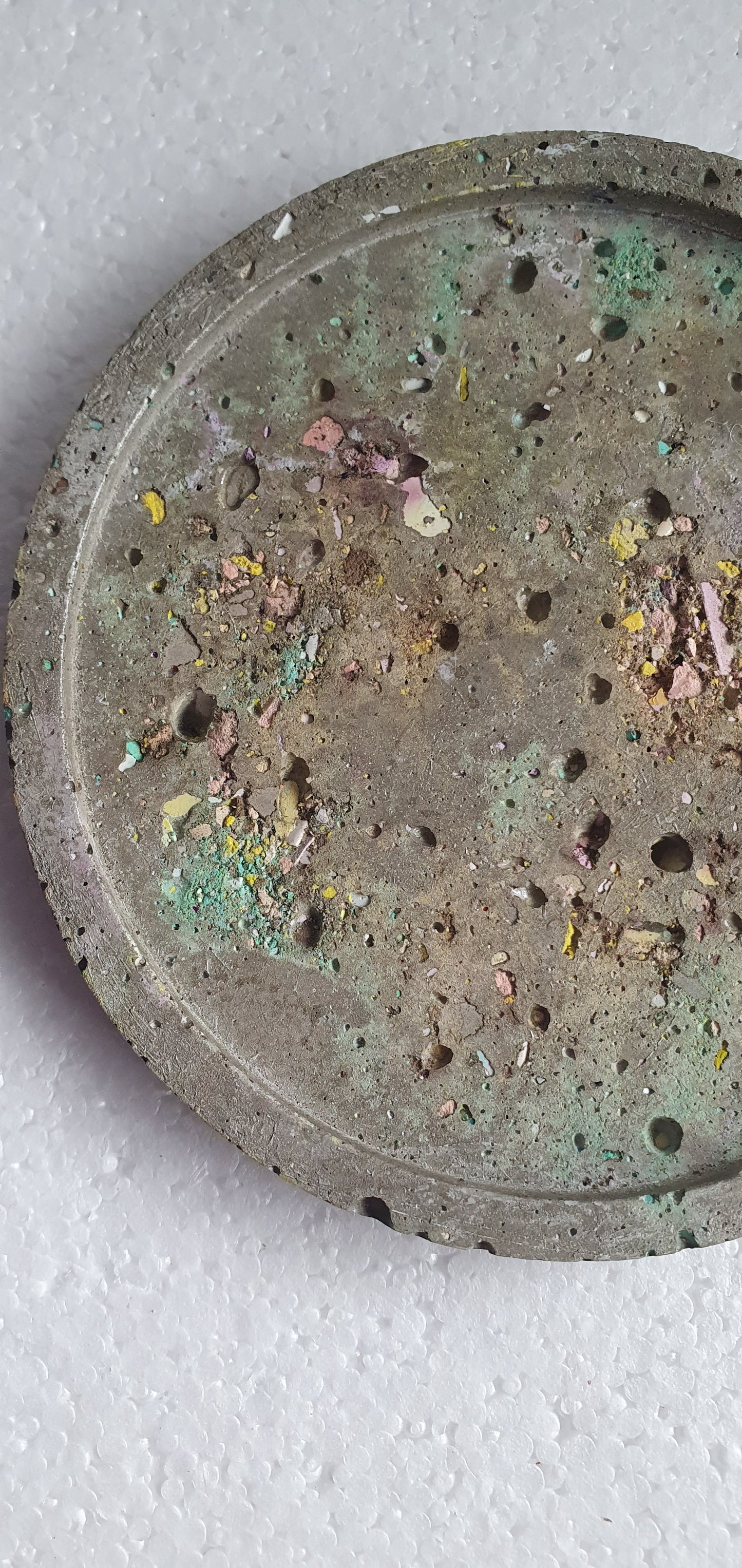 Single Round Decoupage Coaster Trinket Tray Cement Base Grey Green Gold Yellow Home Decor Gift