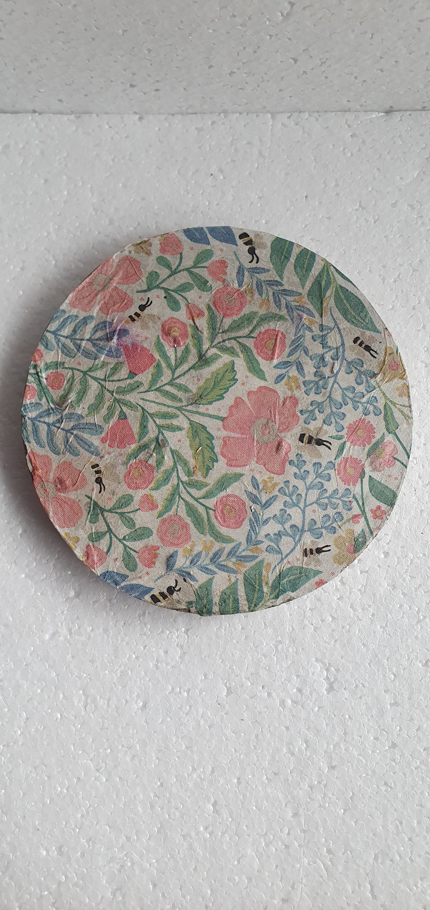 Single Round Decoupage Coaster Trinket Tray Cement Base Grey Green Gold Yellow Home Decor Gift