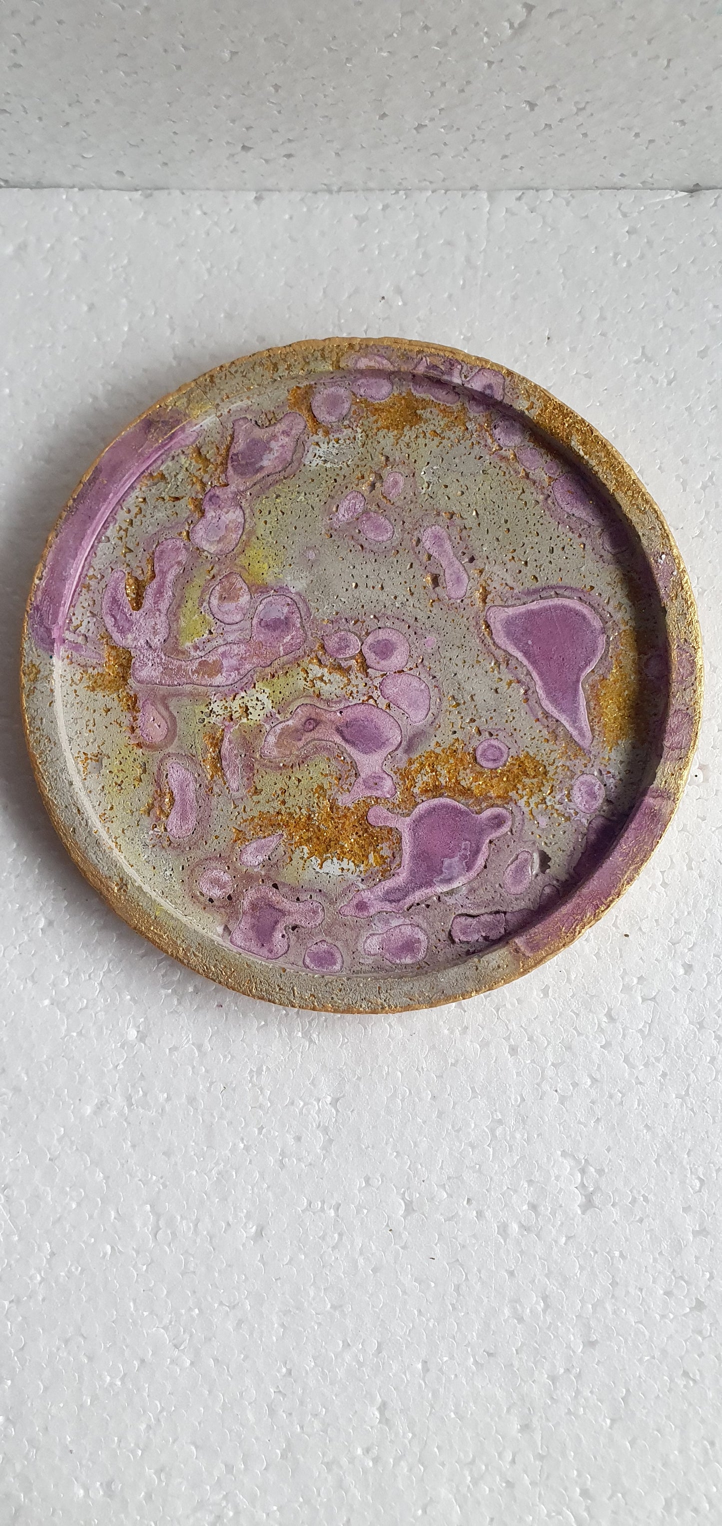 Single Round Decoupage Coaster Trinket Tray Cement Base Grey Gold Purple Home Decor Gift
