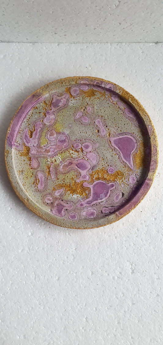 Single Round Decoupage Coaster Trinket Tray Cement Base Grey Gold Purple Home Decor Gift