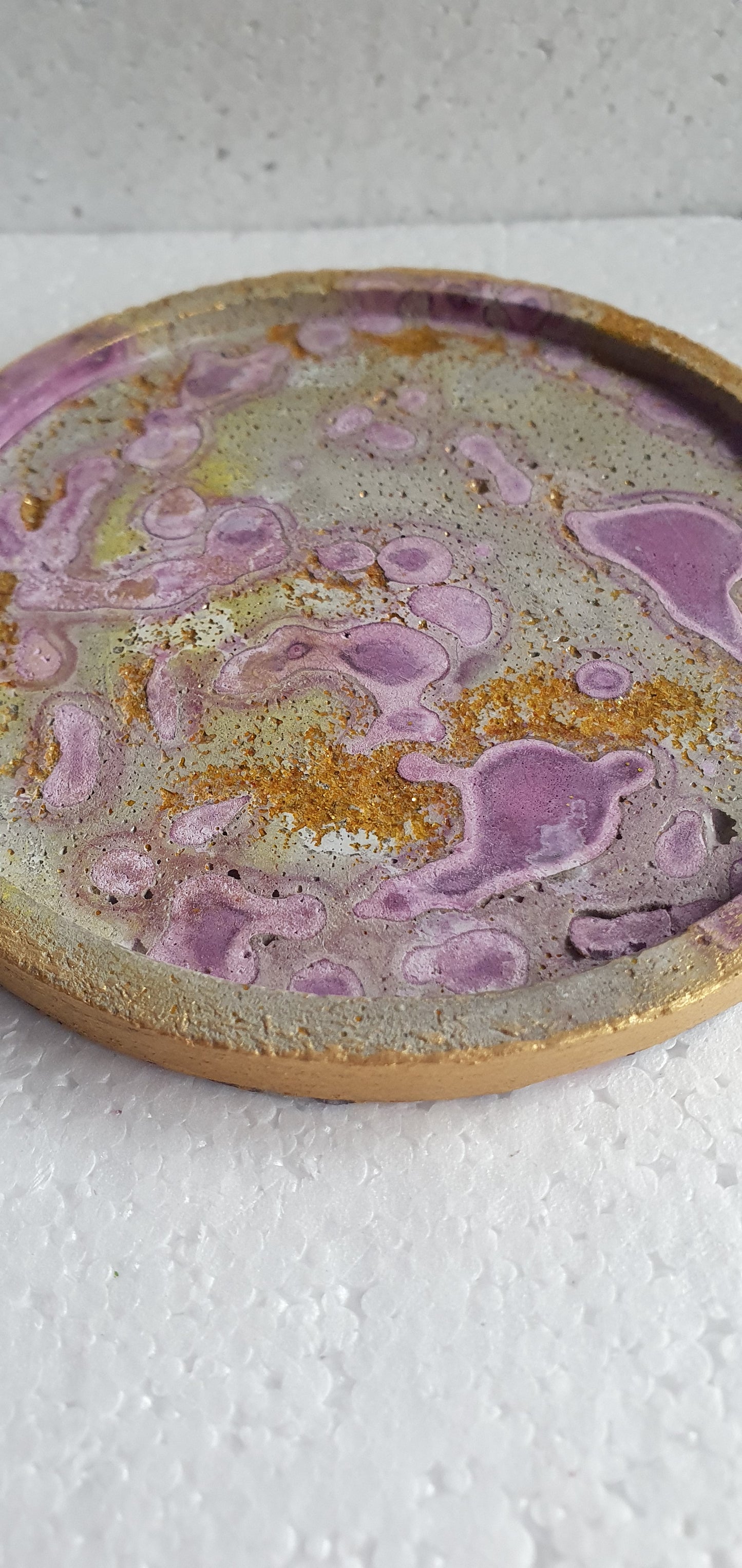 Single Round Decoupage Coaster Trinket Tray Cement Base Grey Gold Purple Home Decor Gift