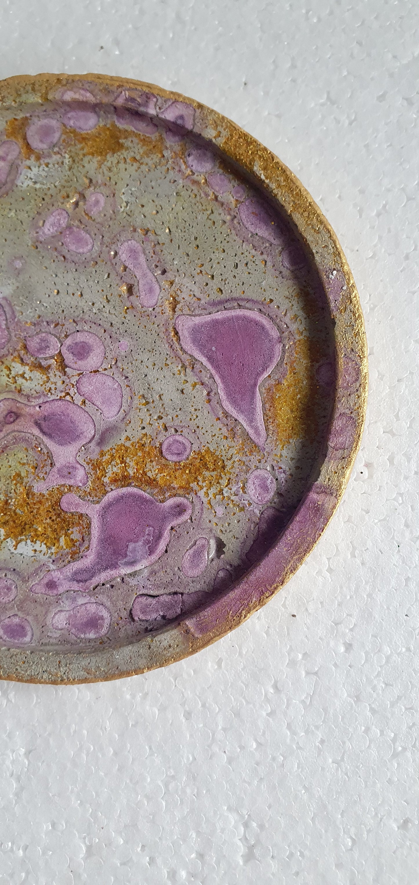 Single Round Decoupage Coaster Trinket Tray Cement Base Grey Gold Purple Home Decor Gift