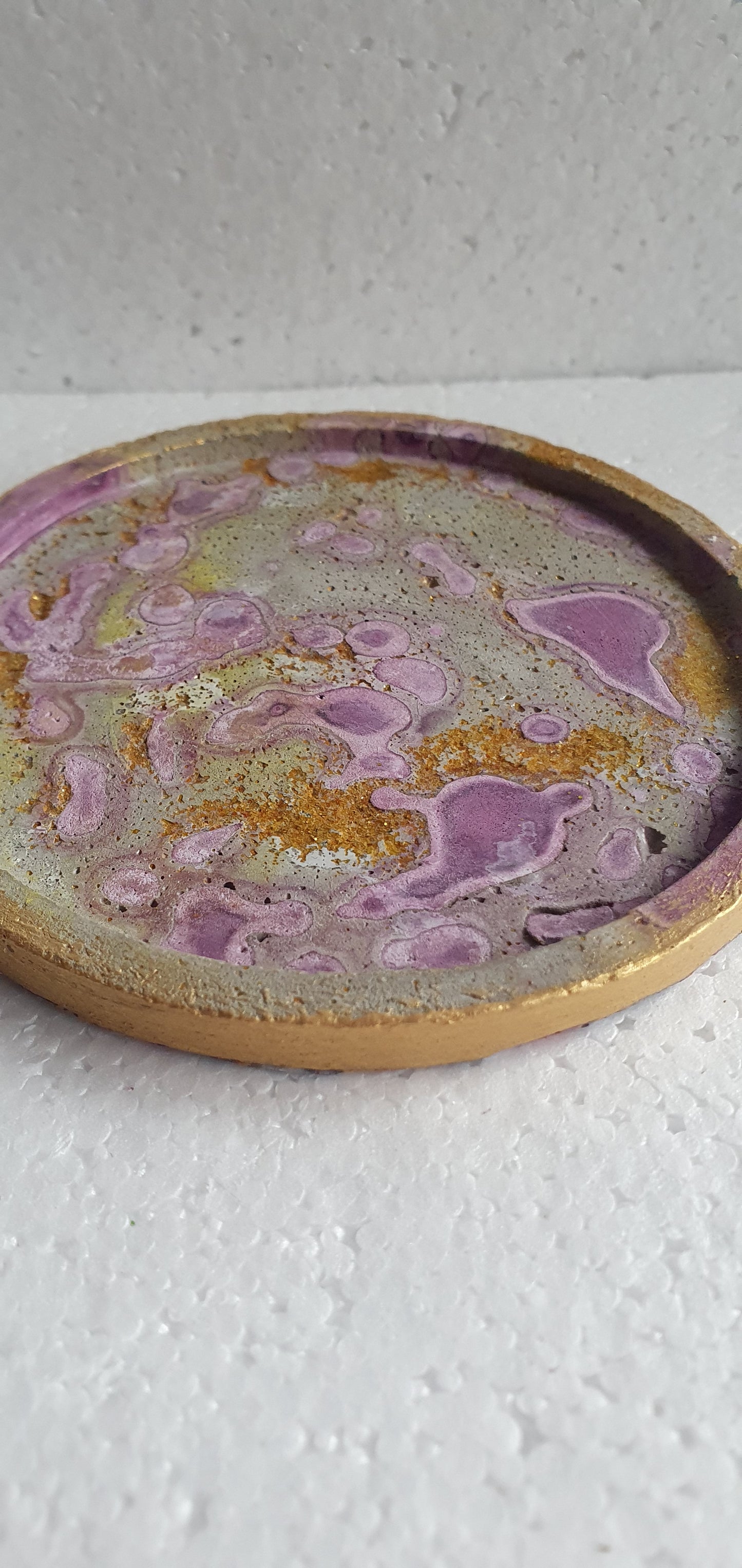 Single Round Decoupage Coaster Trinket Tray Cement Base Grey Gold Purple Home Decor Gift