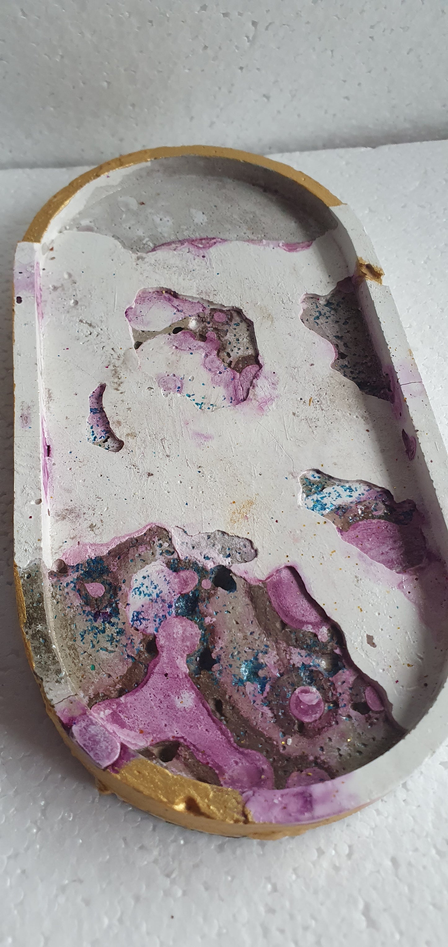 Decoupage Trinket Tray Cement Base White Purple Green Gold Parrots Home Decor Gift