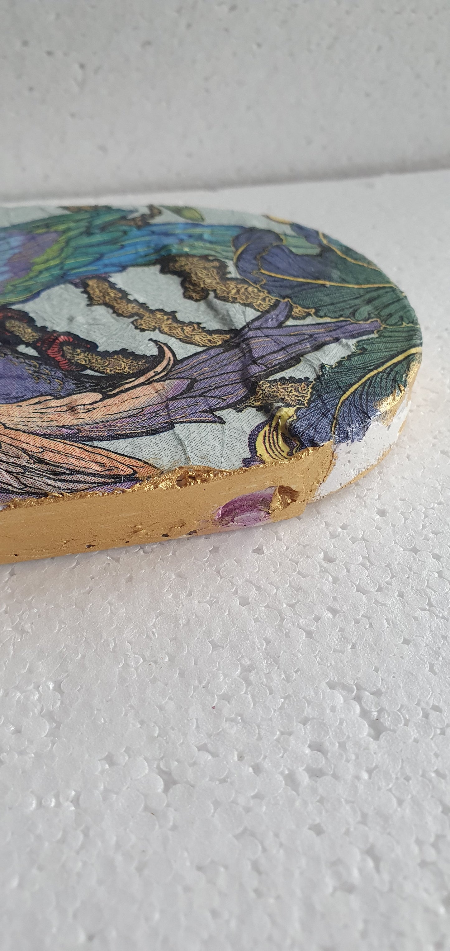 Decoupage Trinket Tray Cement Base White Purple Green Gold Parrots Home Decor Gift