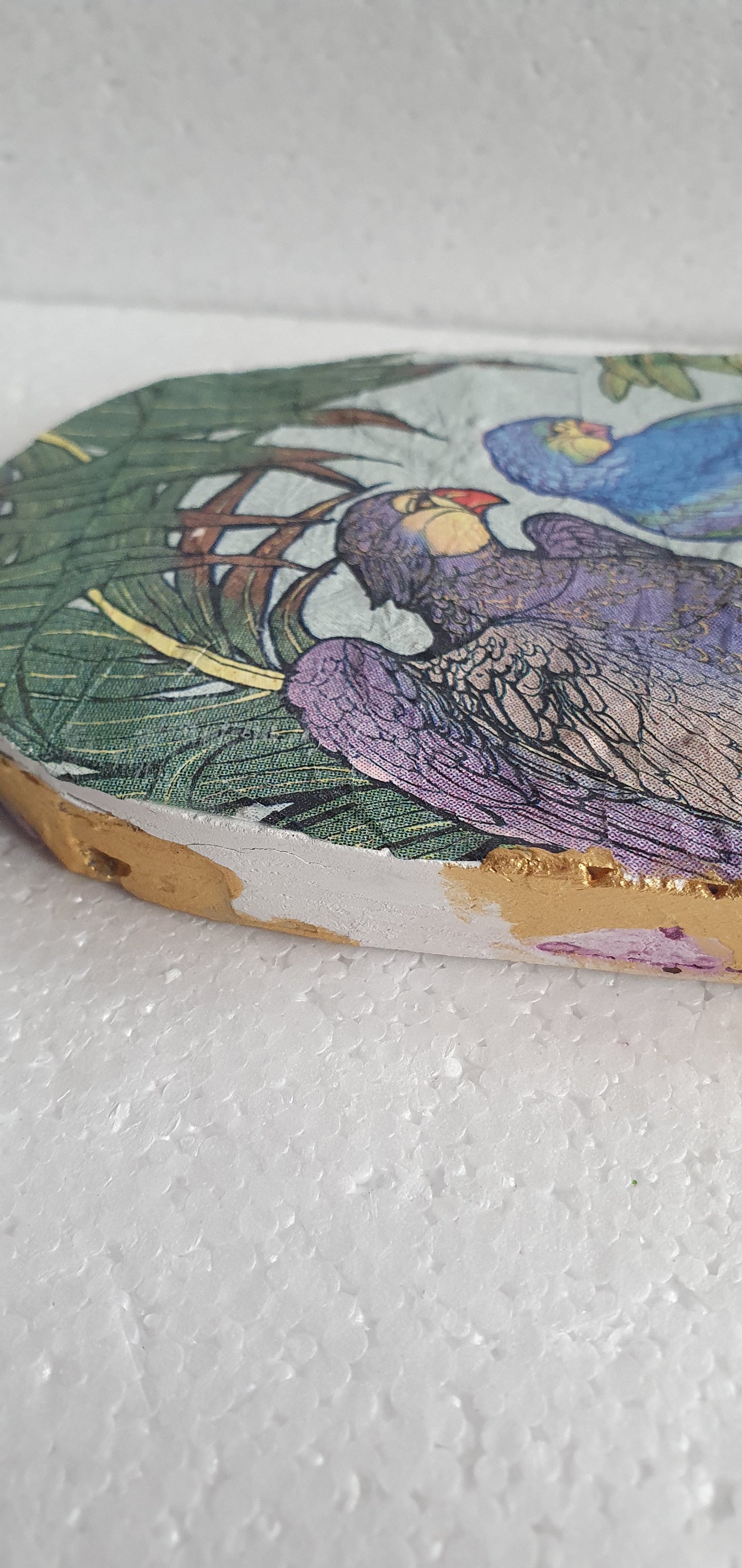 Decoupage Trinket Tray Cement Base White Purple Green Gold Parrots Home Decor Gift