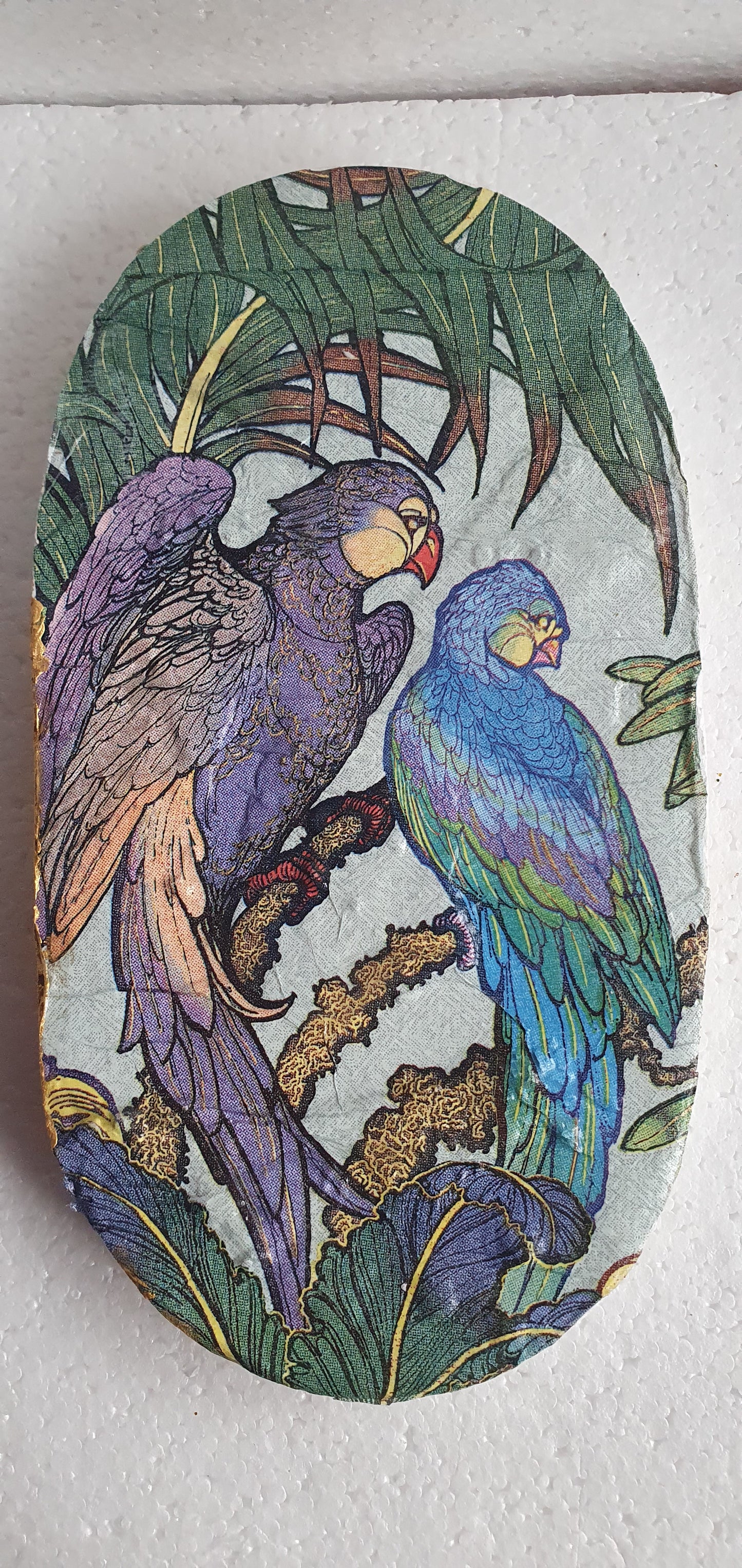Decoupage Trinket Tray Cement Base White Purple Green Gold Parrots Home Decor Gift