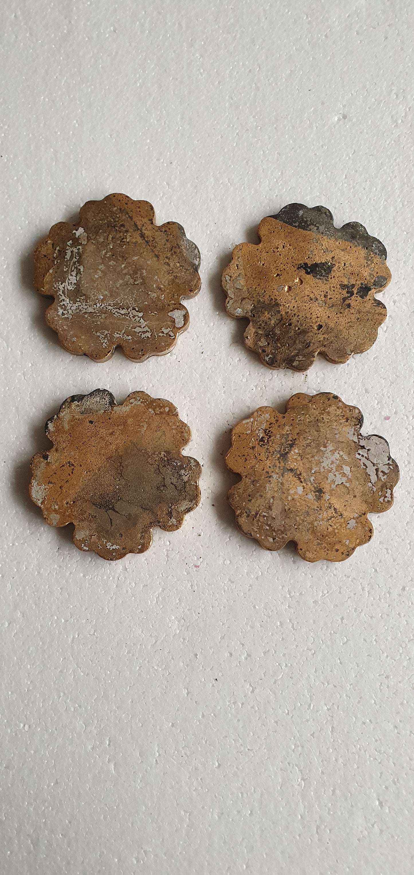 Set Of Four Flower Coasters Grey Cement Base Gold Black Home Decor Gift
